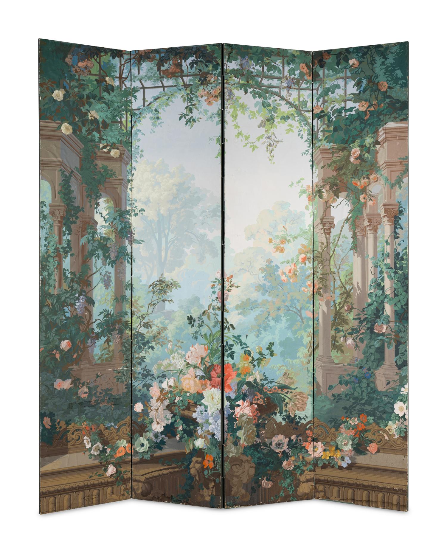 A French Papier Peinte Four-Panel Floor Screen