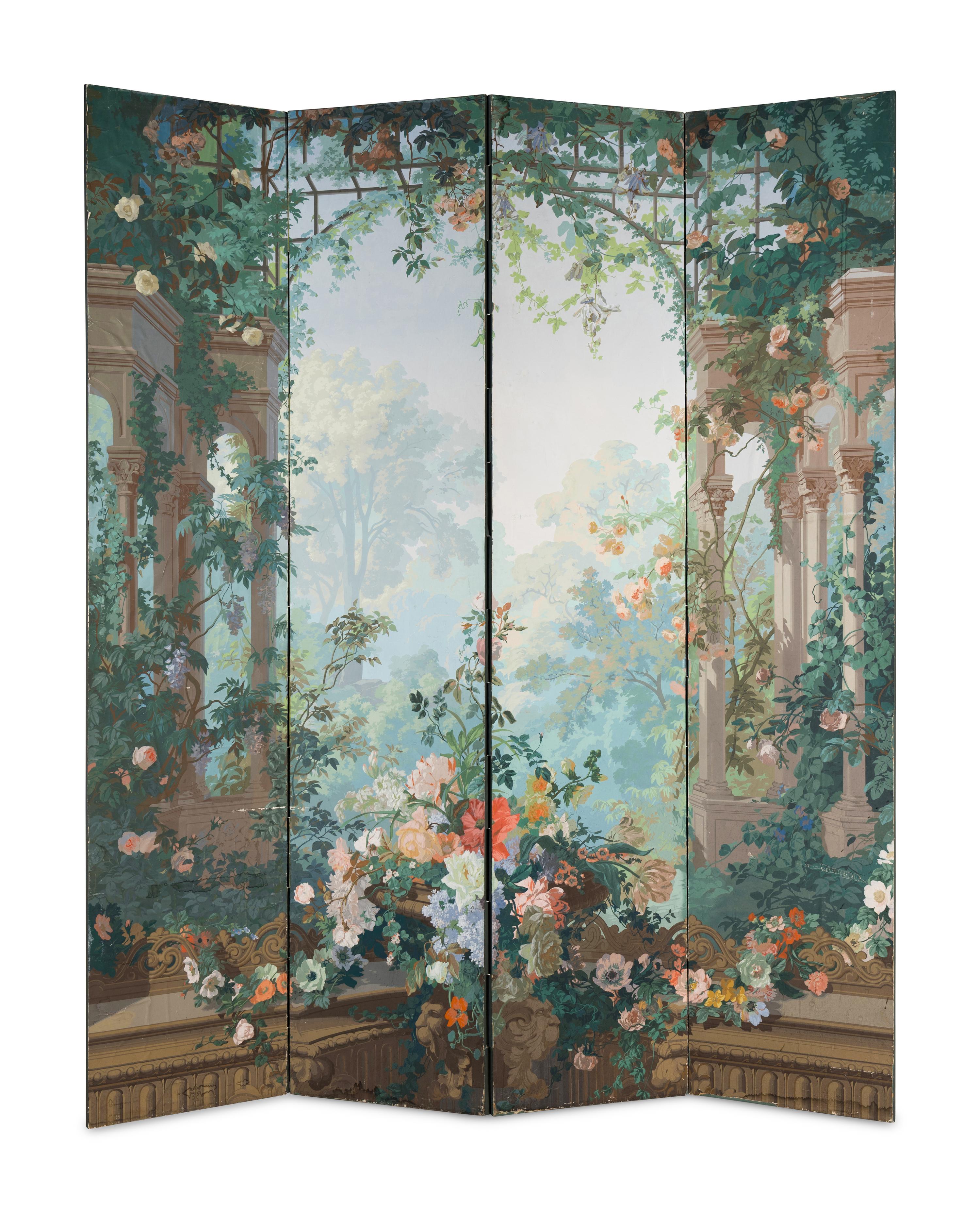 A French Papier Peinte Four-Panel Floor Screen