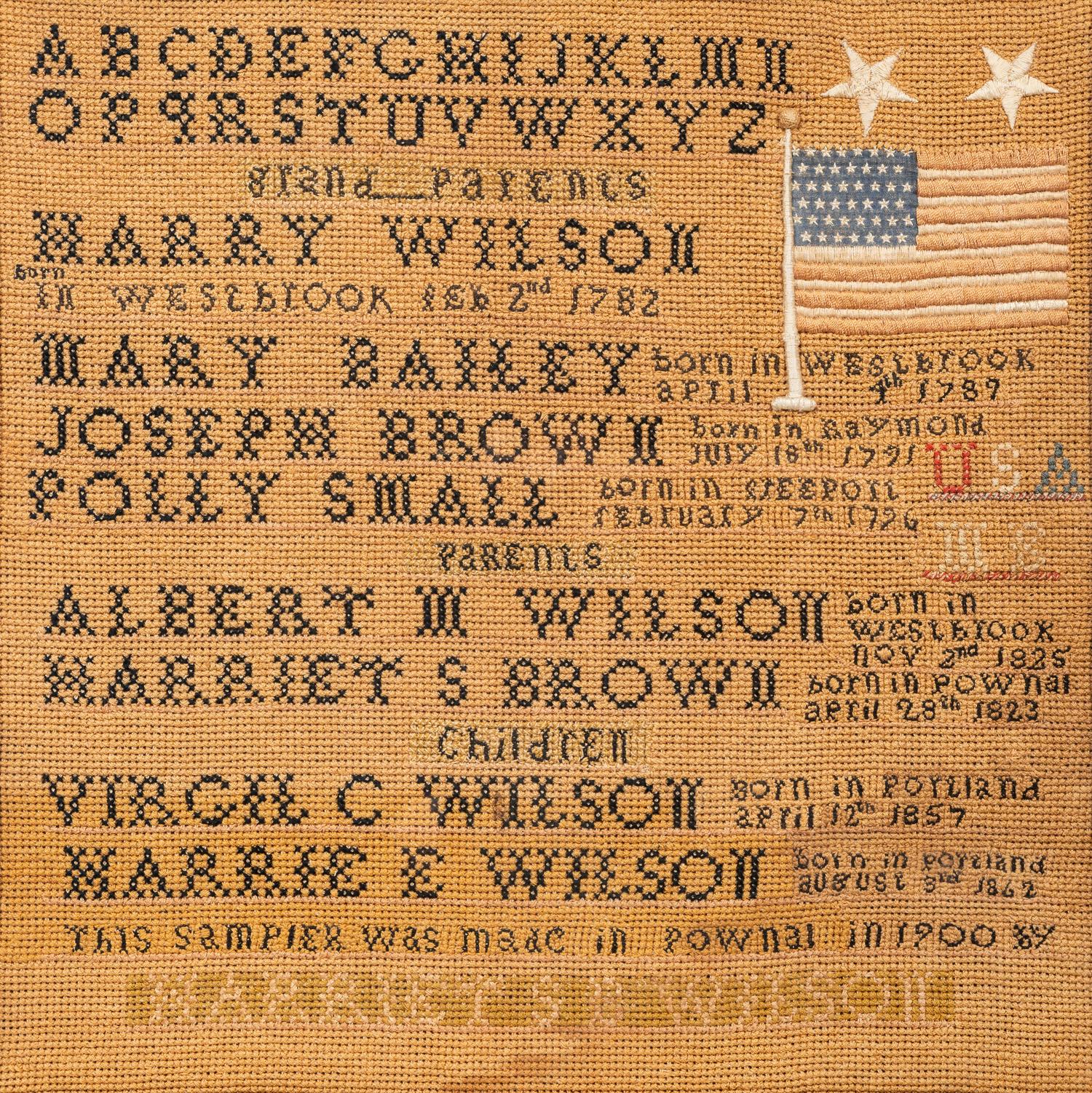 An American Needlework Embroidered Wilson Family Album Schoolgirl's Sampler with Flag