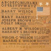 An American Needlework Embroidered Wilson Family Album Schoolgirl's Sampler with Flag
