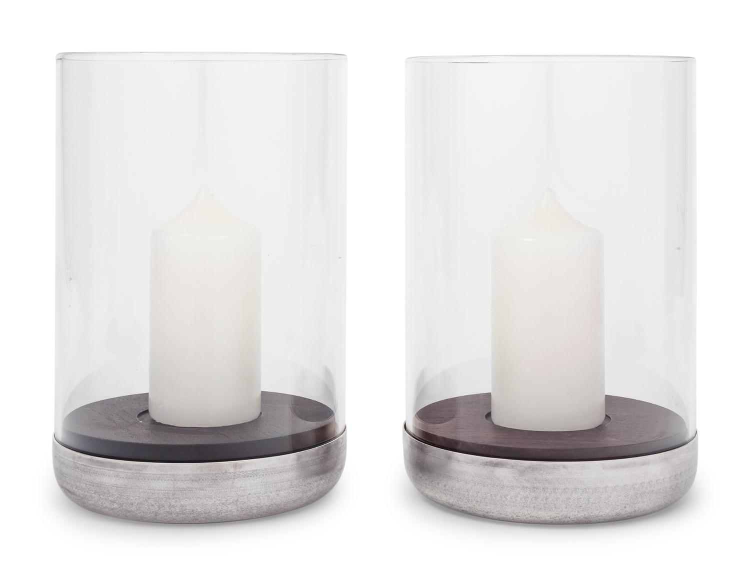 A Pair of Puiforcat Silver-Plate and Rosewood Hurricane Candle Holders