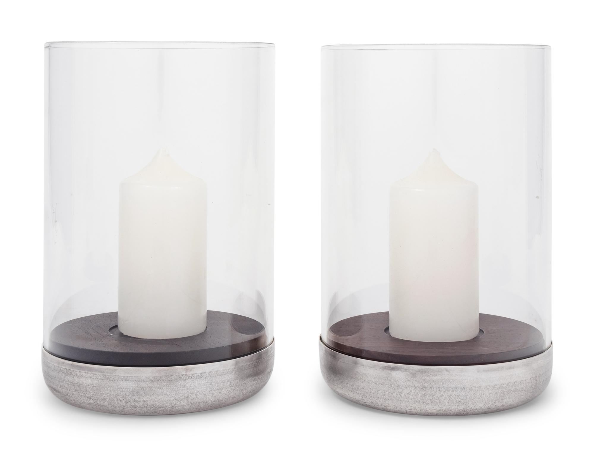 A Pair of Puiforcat Silver-Plate and Rosewood Hurricane Candle Holders
