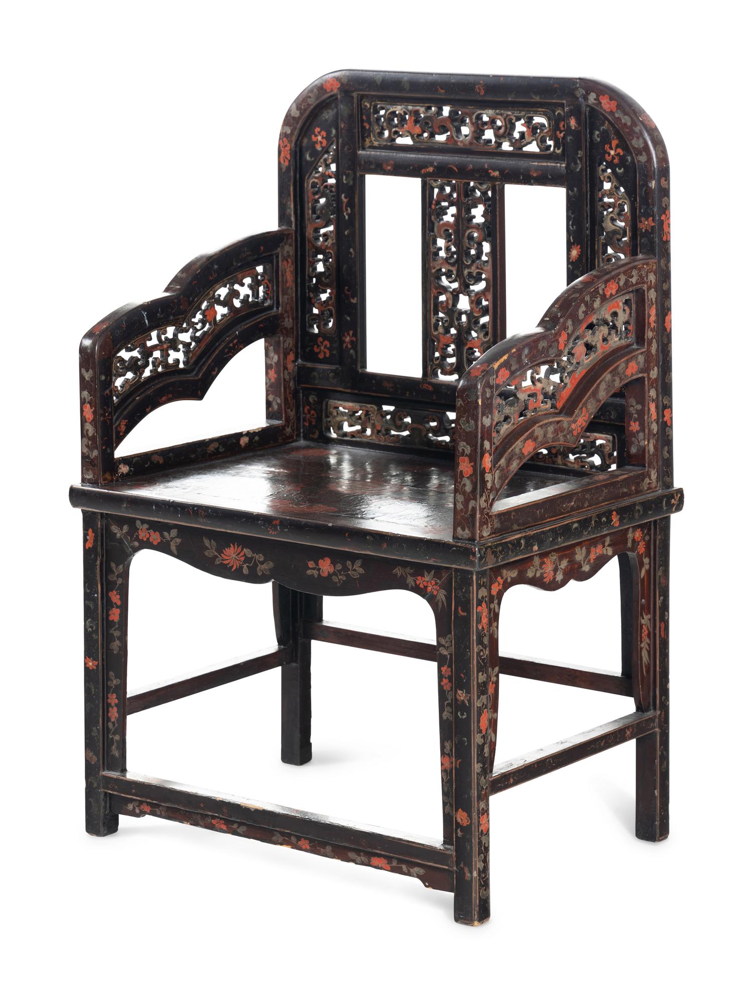 A Chinese Polychrome Lacquered Wood Armchair