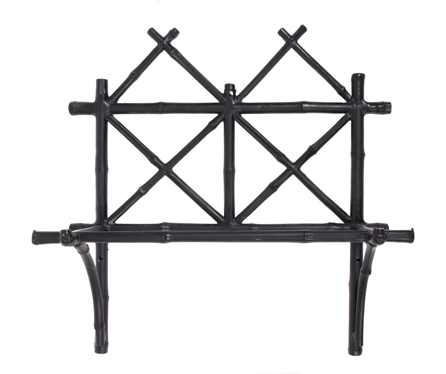 A Cast Iron Black Painted Hall Mirror and Bracket Shelf Height of mirror 45 x width 24 inches. — 20TH CENTURY