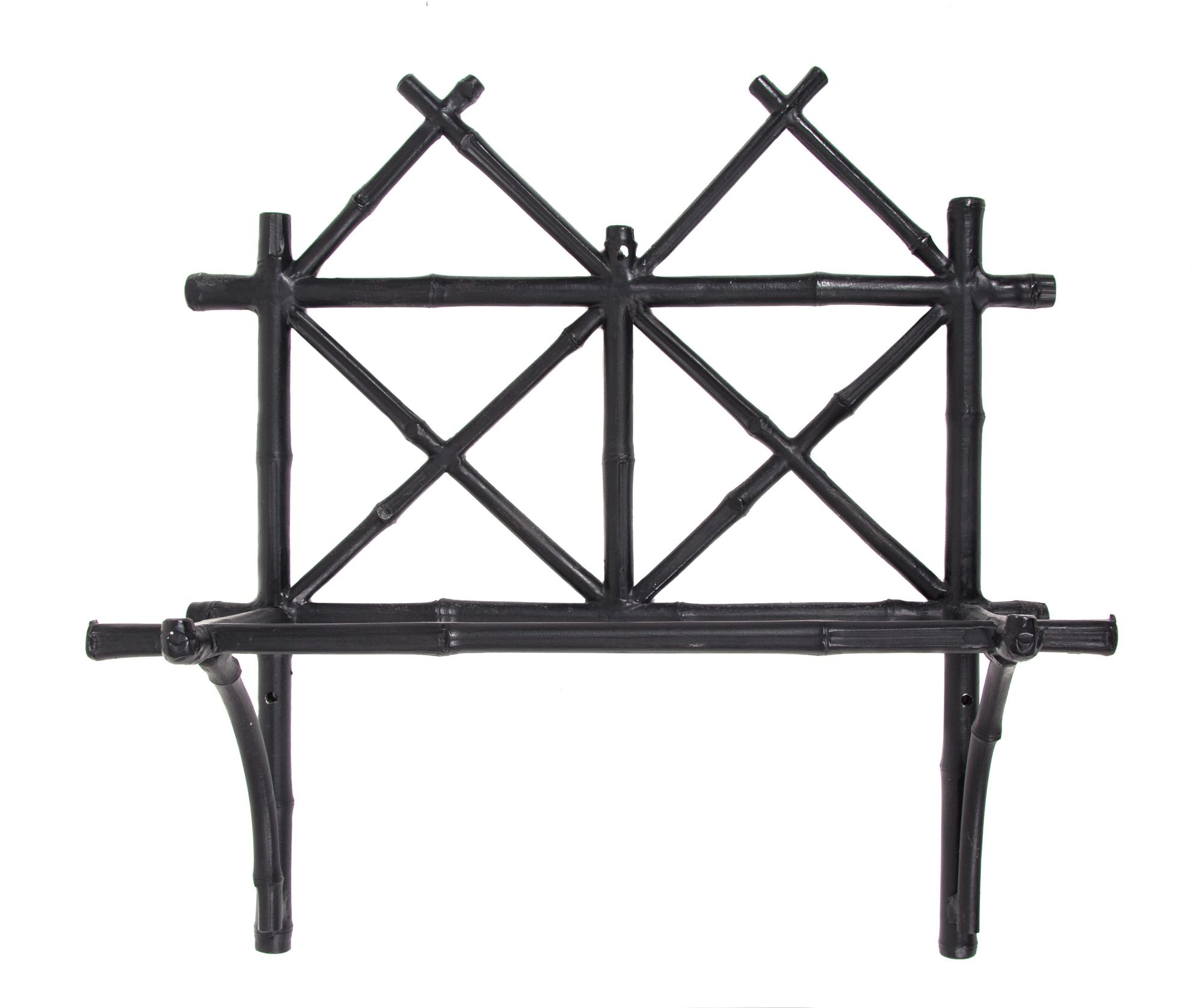 A Cast Iron Black Painted Hall Mirror and Bracket Shelf Height of mirror 45 x width 24 inches. — 20TH CENTURY