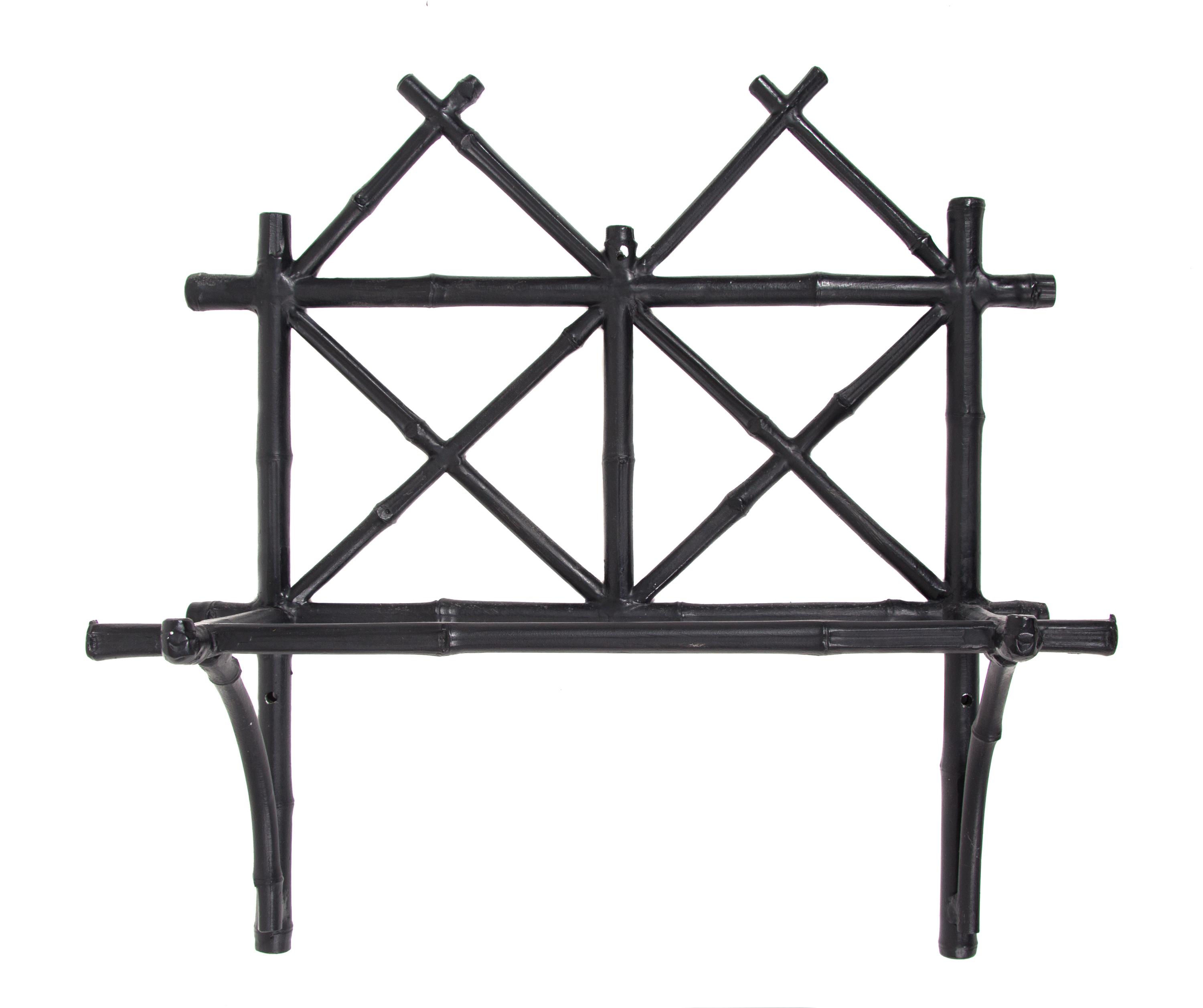 A Cast Iron Black Painted Hall Mirror and Bracket Shelf Height of mirror 45 x width 24 inches. — 20TH CENTURY