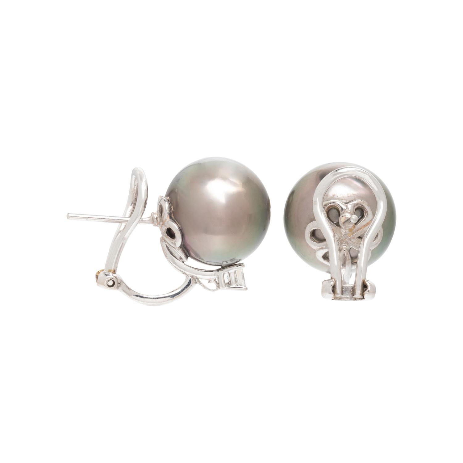 CULTURED TAHITIAN PEARL AND DIAMOND EARCLIPS