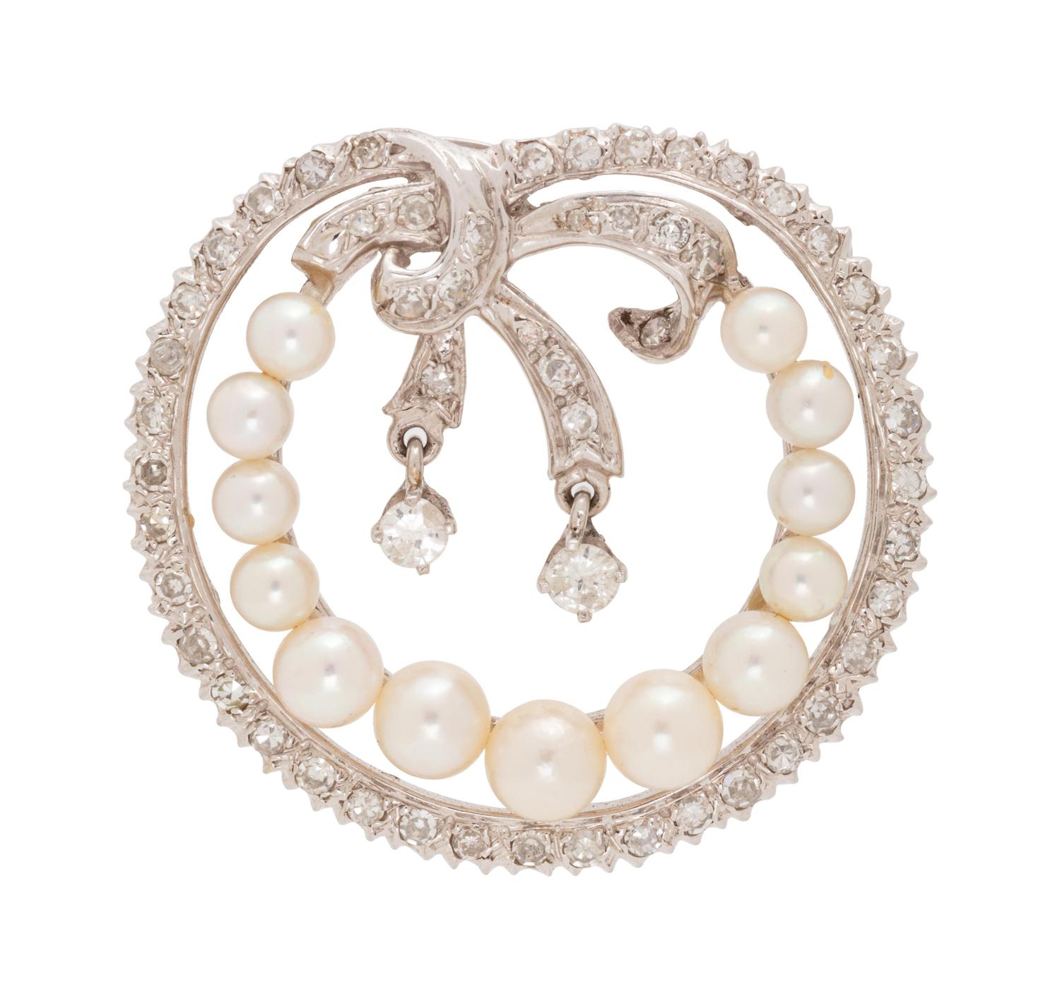 A White Gold, Diamond and Cultured Pearl Pendant/Brooch,