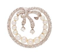 A White Gold, Diamond and Cultured Pearl Pendant/Brooch,