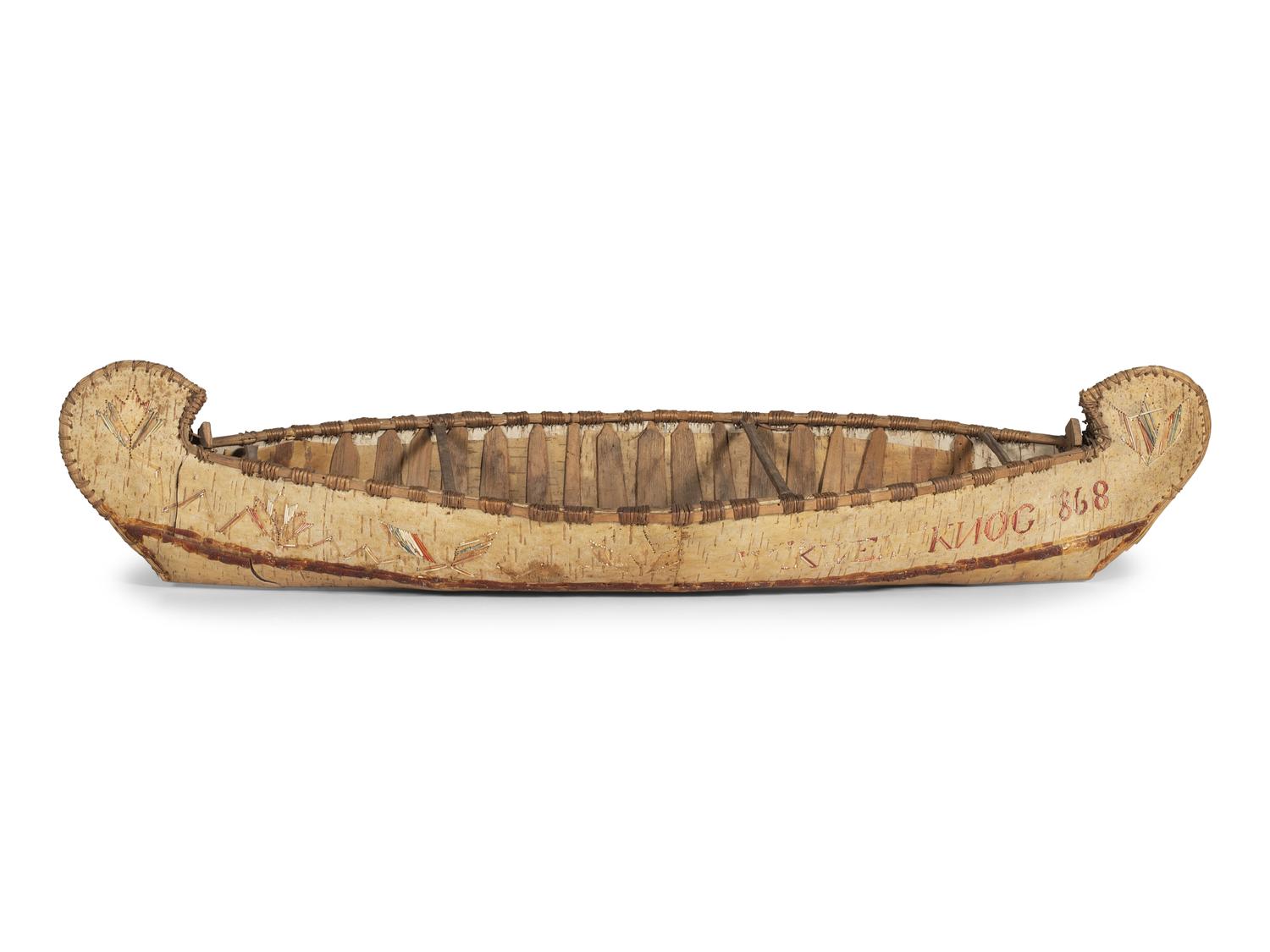 Great Lakes Birchbark Canoe, Basket, and Moccasins