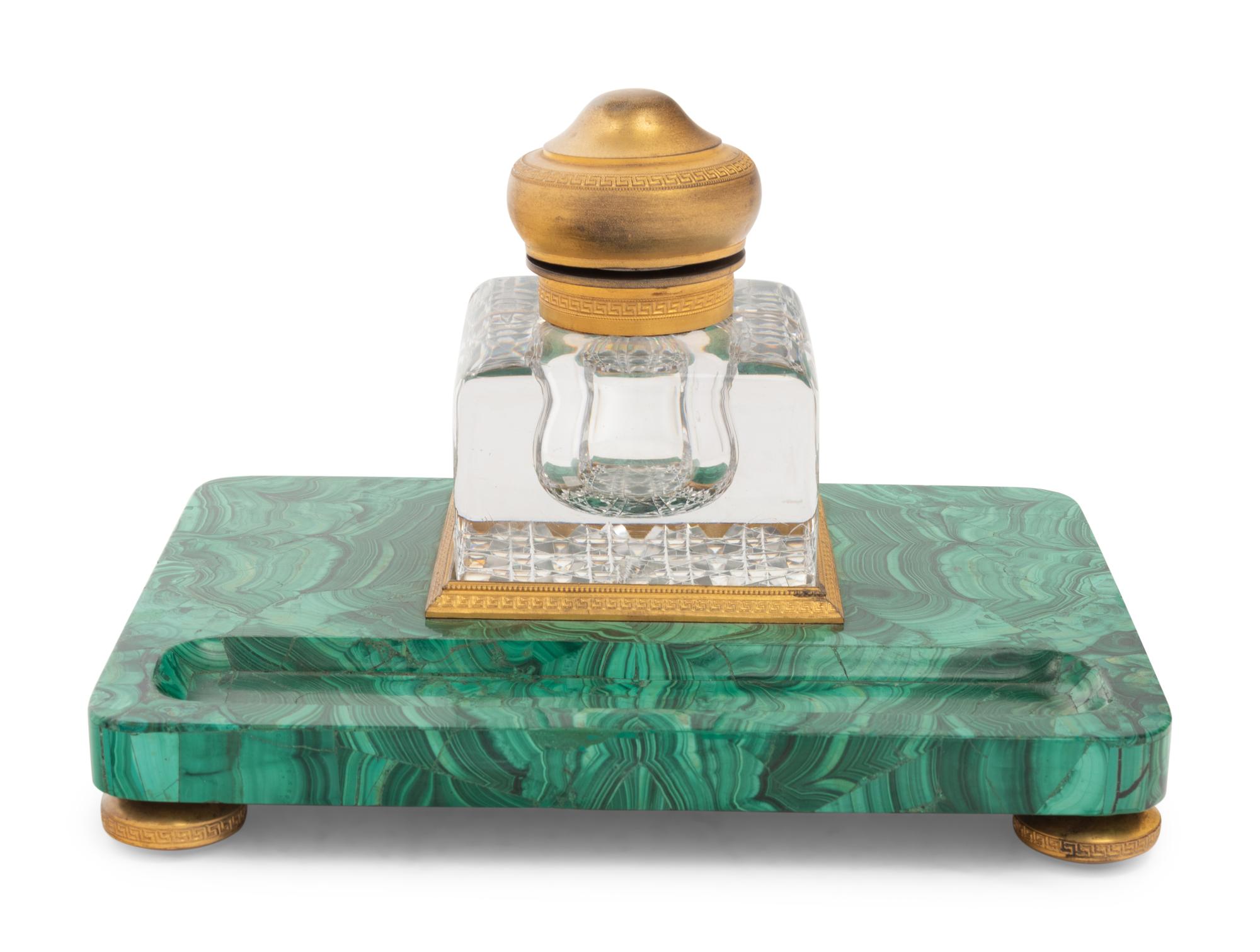 A Continental Gilt Bronze Mounted Malachite Veneered Inkstand