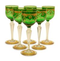 Eleven Bohemian Gilt Decorated Green Glass Clear Stemmed Wines — 19th/20th Century