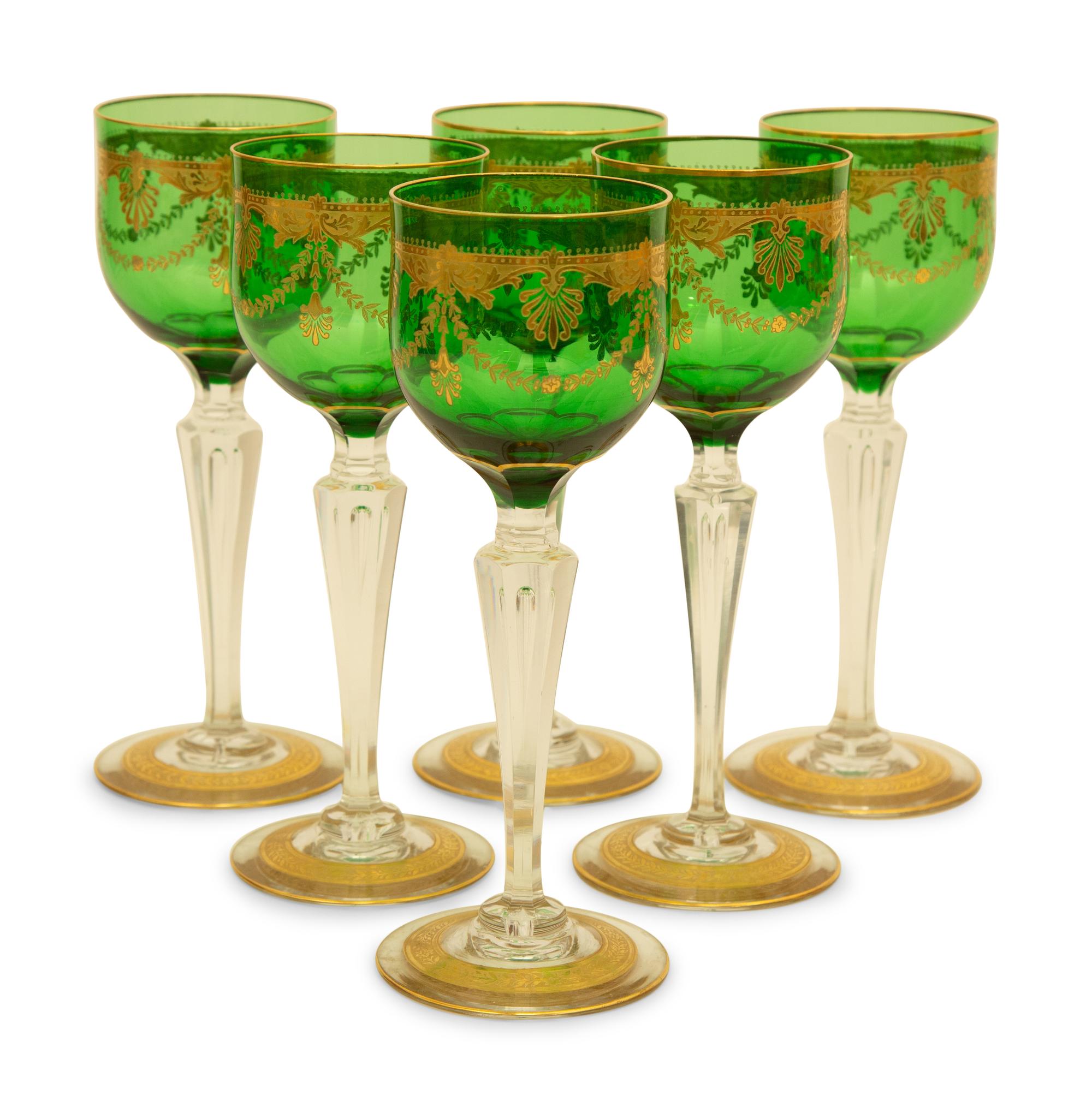 Eleven Bohemian Gilt Decorated Green Glass Clear Stemmed Wines — 19th/20th Century