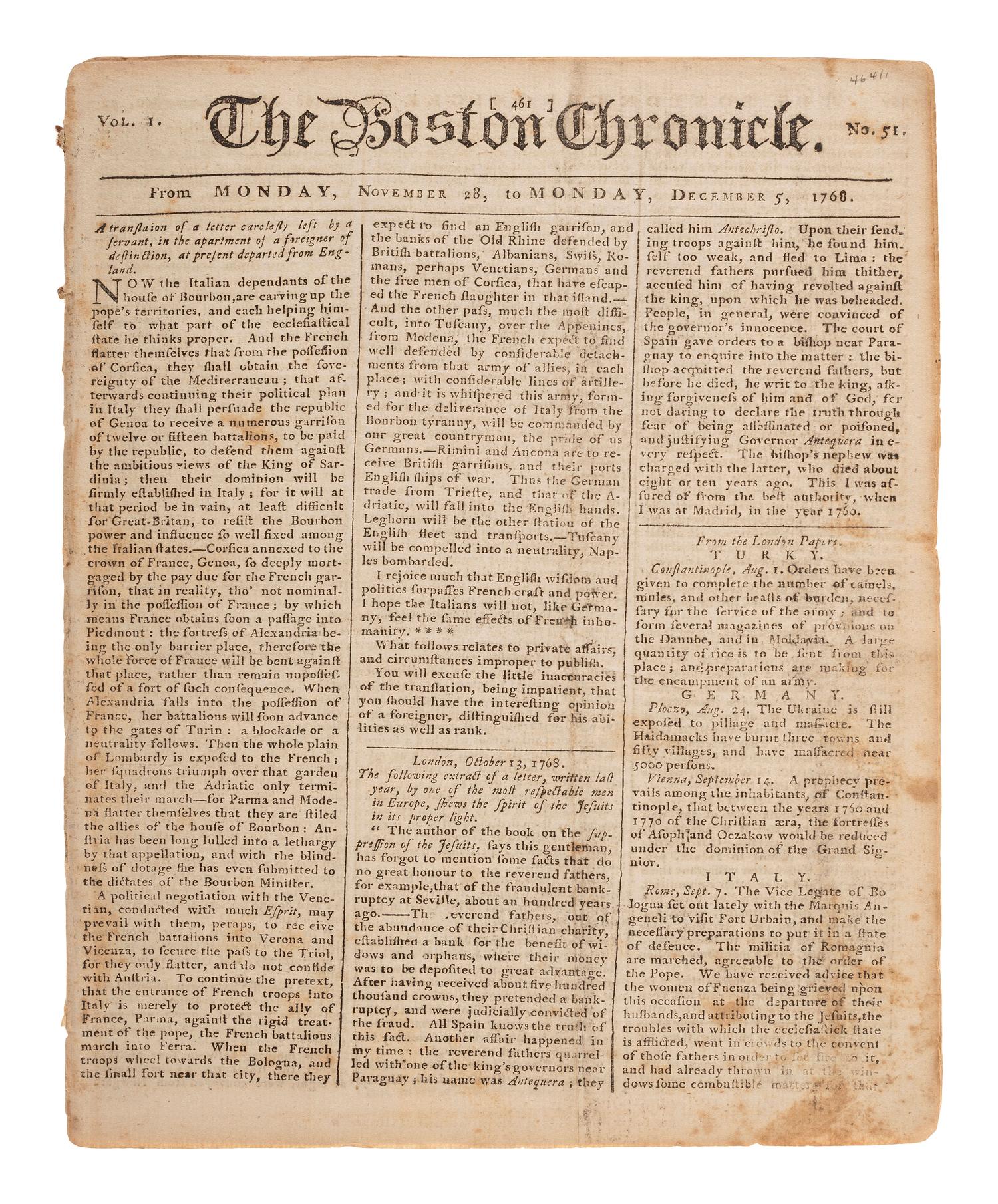 [PRE-REVOLUTIONARY WAR]. The Boston Chronicle . Vol. I, No. 51. Boston, MA: Mein and Fleeming, 5 December 1768.