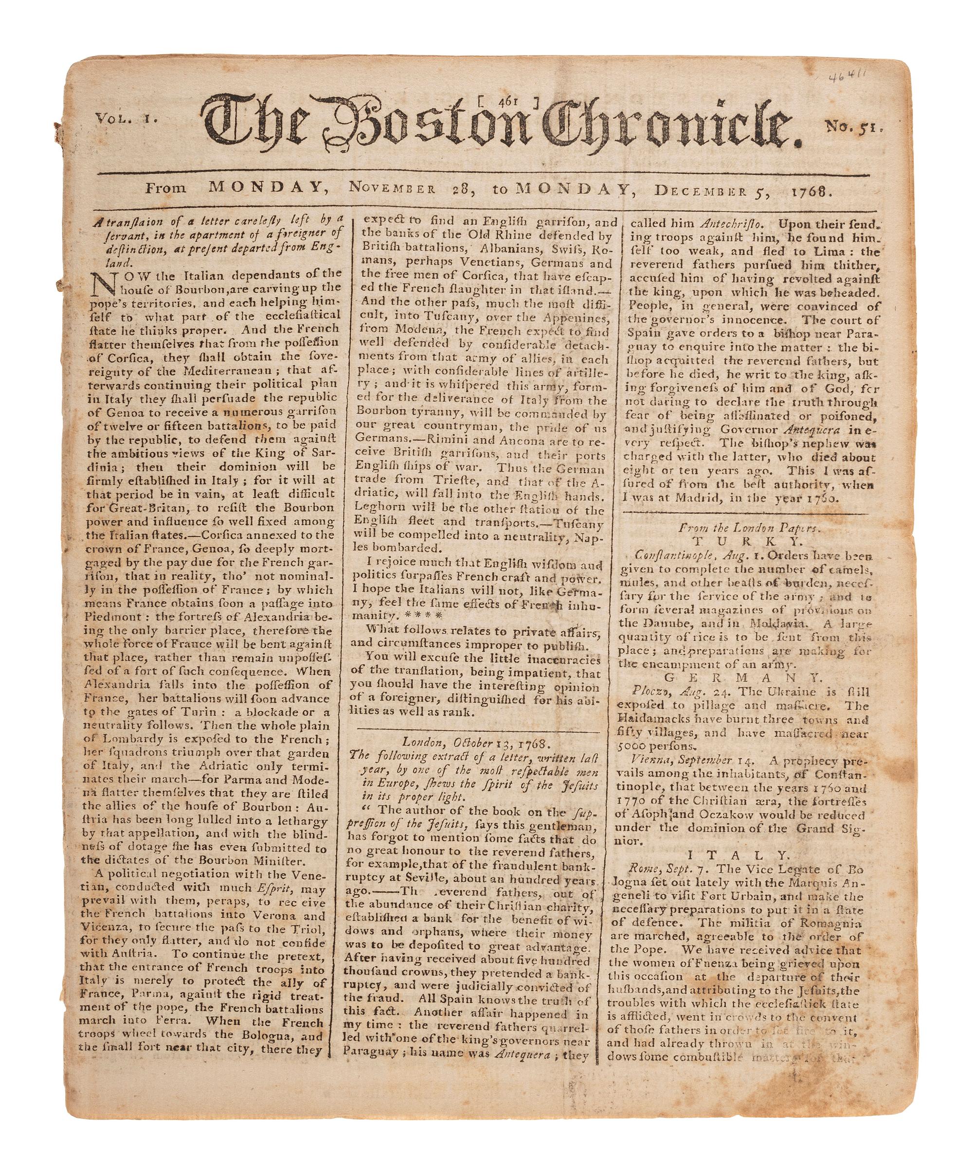 [PRE-REVOLUTIONARY WAR]. The Boston Chronicle . Vol. I, No. 51. Boston, MA: Mein and Fleeming, 5 December 1768.