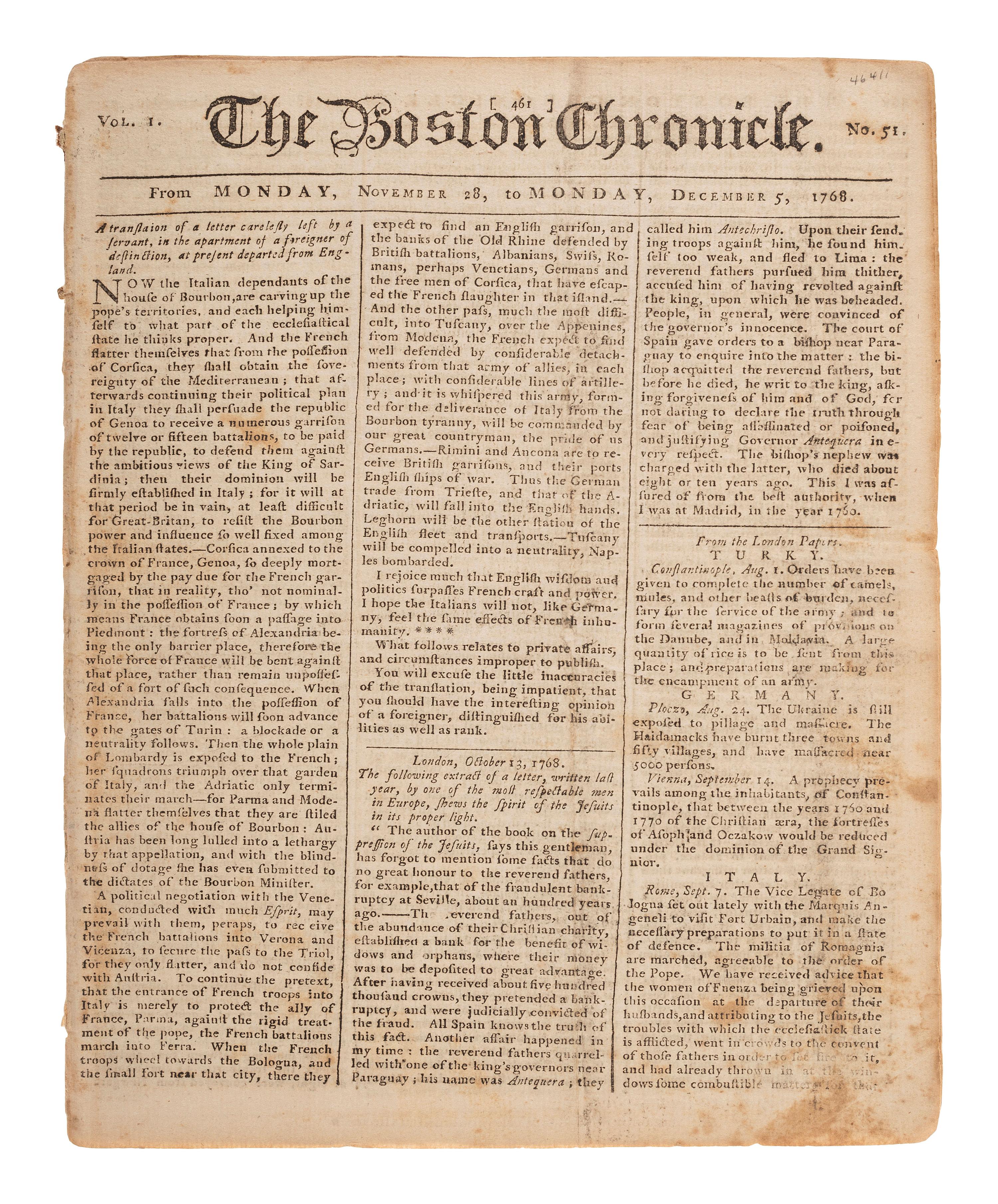 [PRE-REVOLUTIONARY WAR]. The Boston Chronicle . Vol. I, No. 51. Boston, MA: Mein and Fleeming, 5 December 1768.