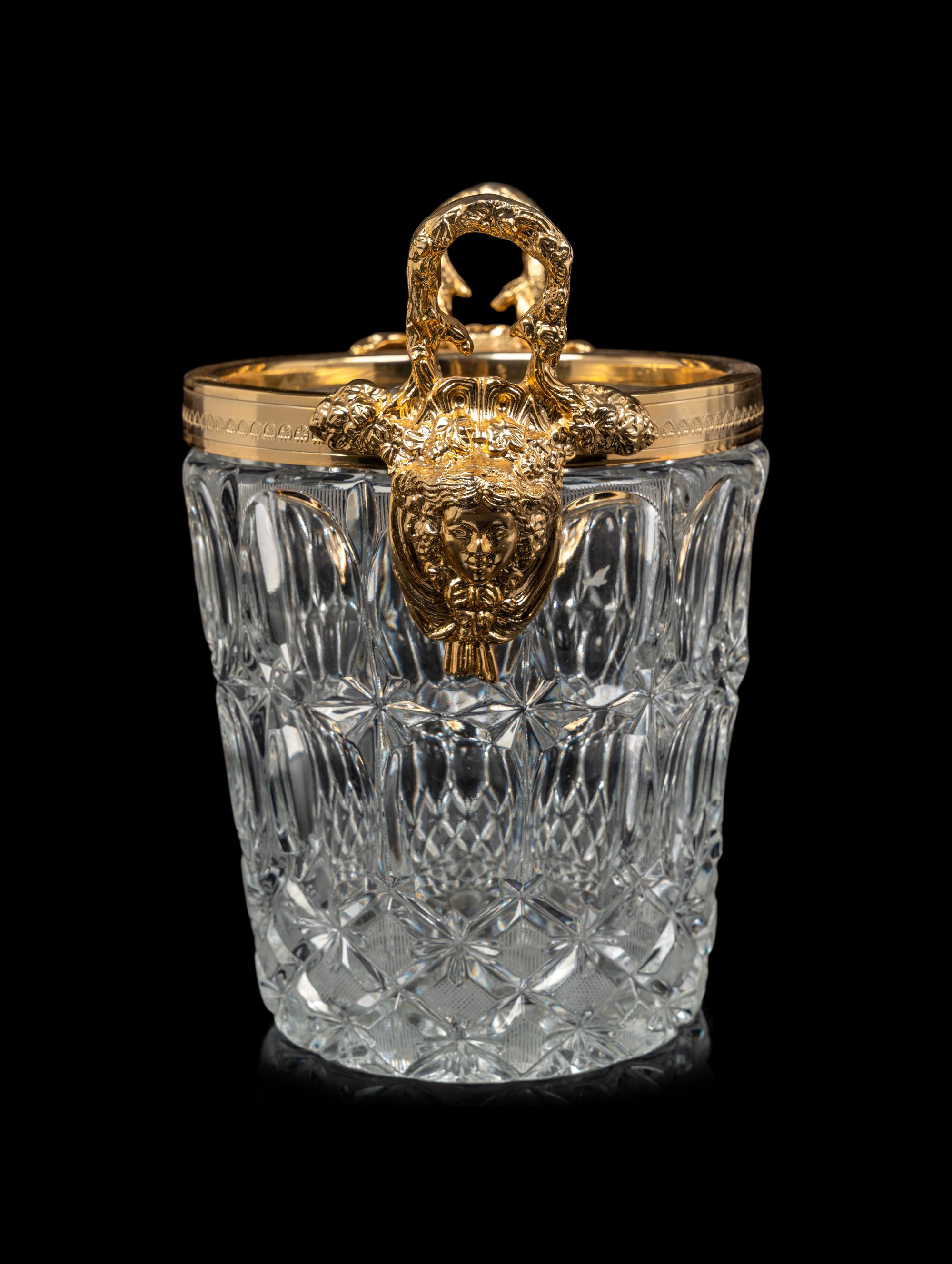 A French Gilt Metal Mounted Cut Glass Wine Cooler and a Similar Decanter