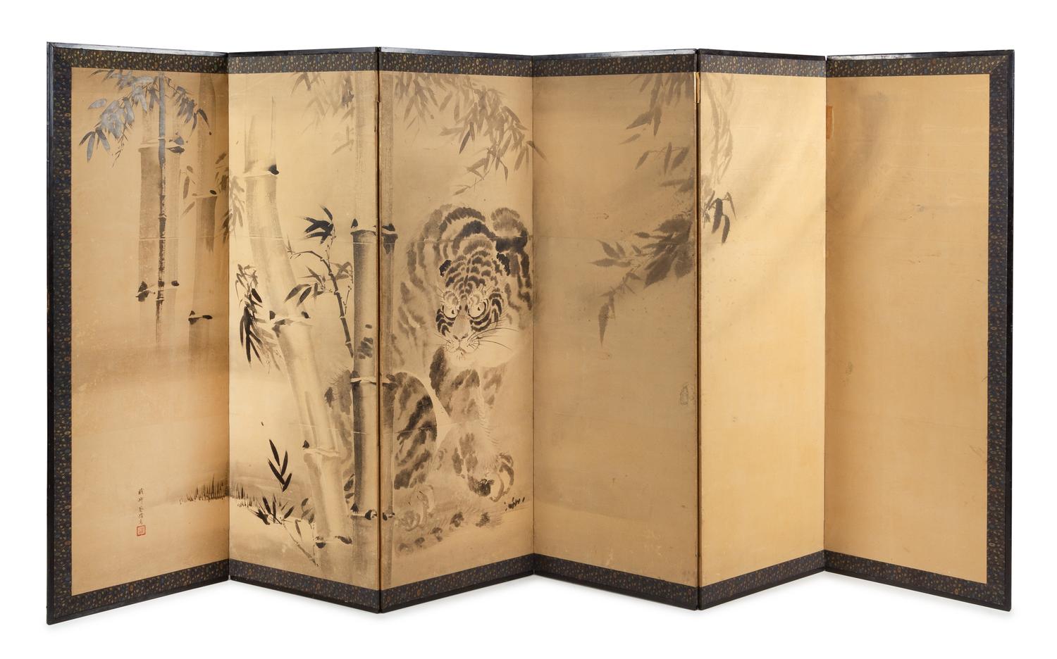 A Chinese Ink on Paper Six-Panel Floor Screen