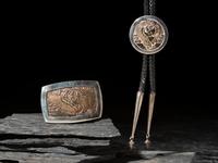 Silver and 14K Gold Bolo Tie and Belt Buckle Set