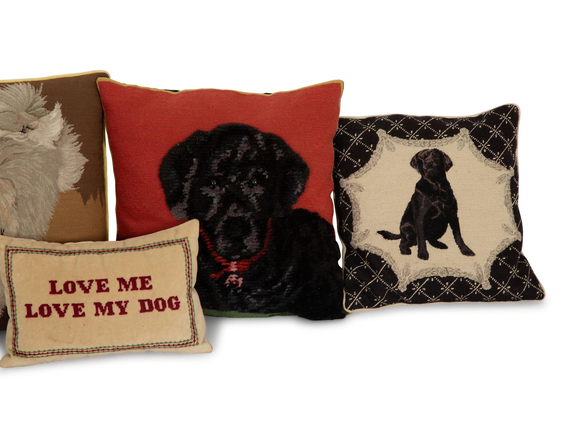 Five Needlwork Cushions Featuring Dogs — 20th Century