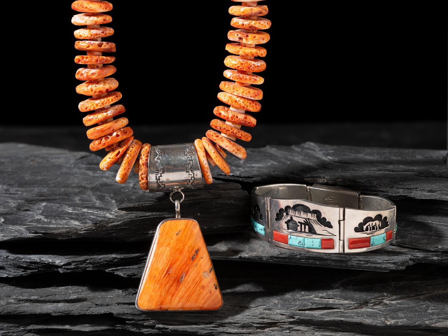 Navajo Sterling Silver Storyteller Bracelet and Spiny Oyster Necklace