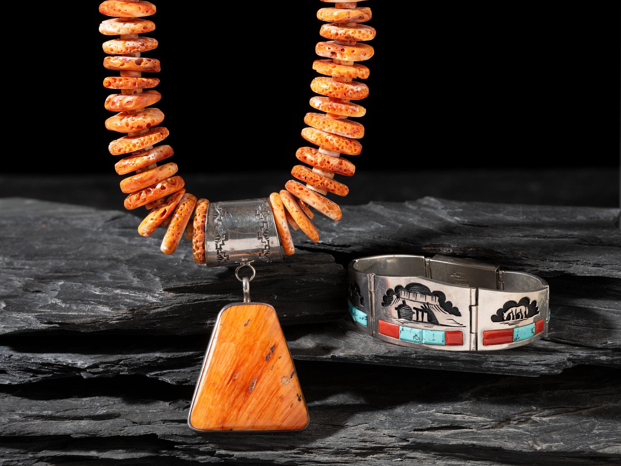 Navajo Sterling Silver Storyteller Bracelet and Spiny Oyster Necklace