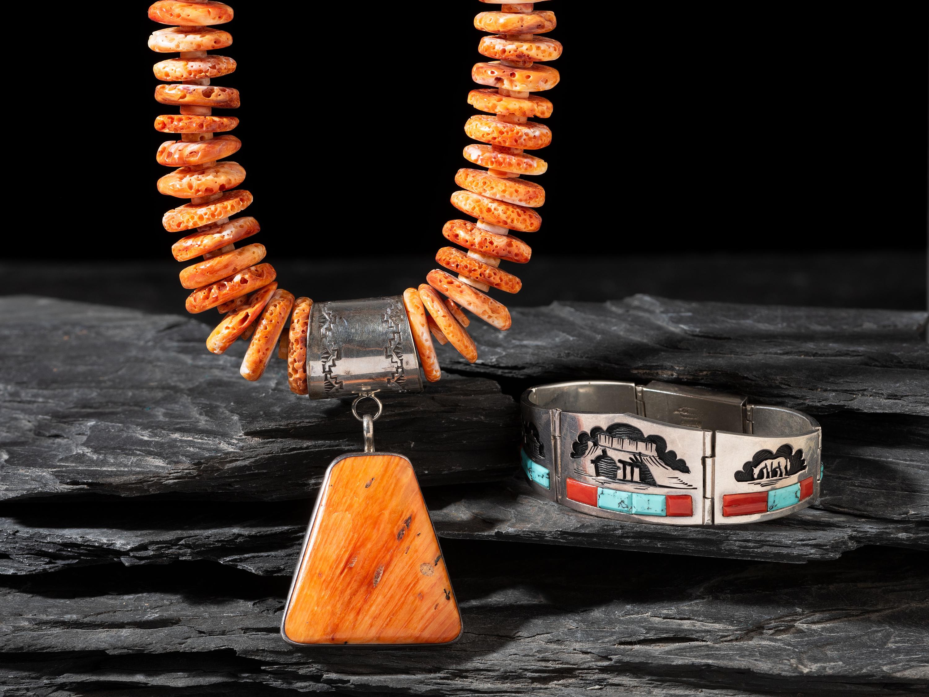 Navajo Sterling Silver Storyteller Bracelet and Spiny Oyster Necklace