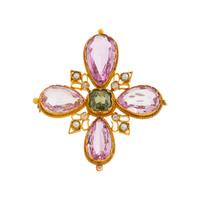 ETRUSCAN REVIVAL, DIAMOND AND MULTIGEM CROSS BROOCH