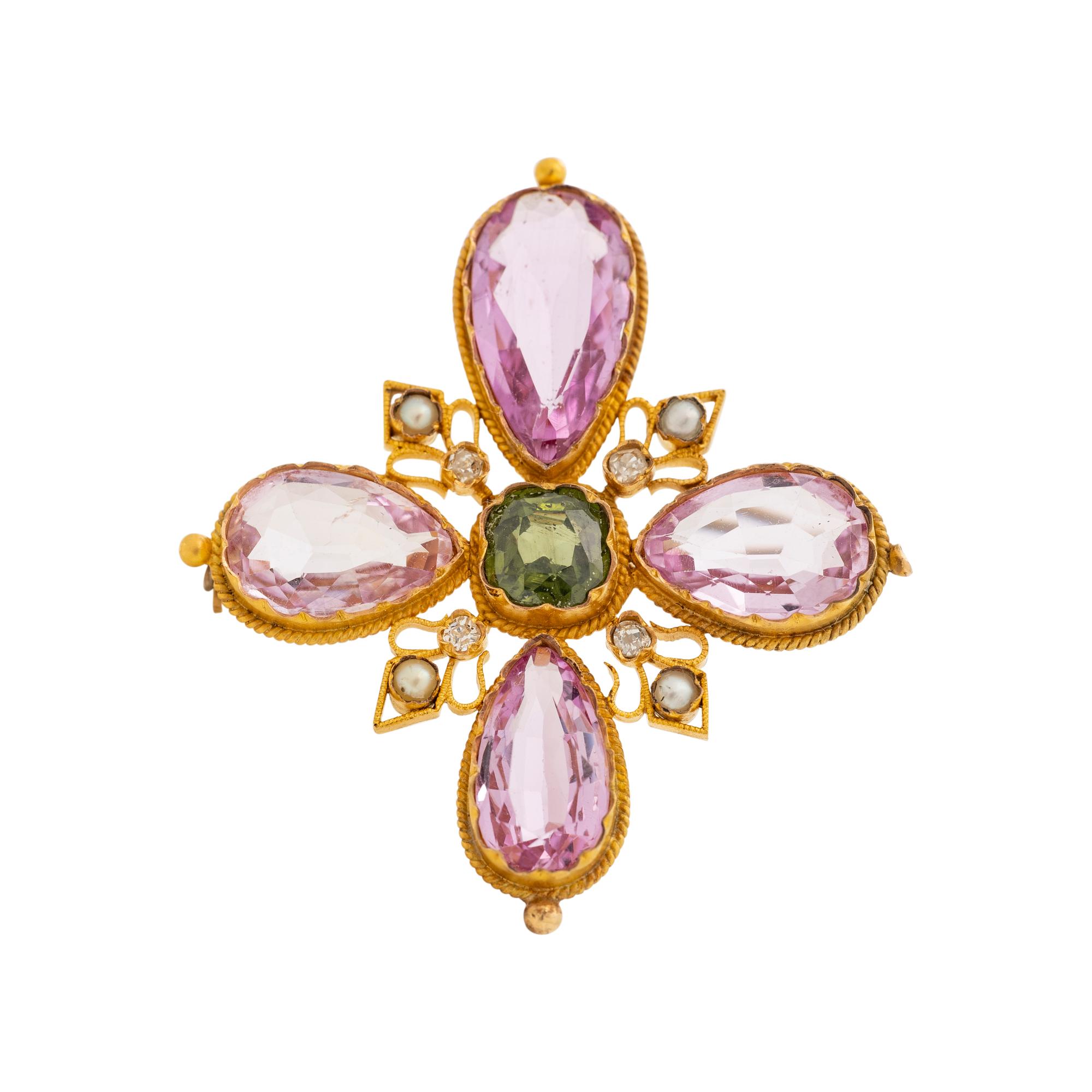 ETRUSCAN REVIVAL, DIAMOND AND MULTIGEM CROSS BROOCH