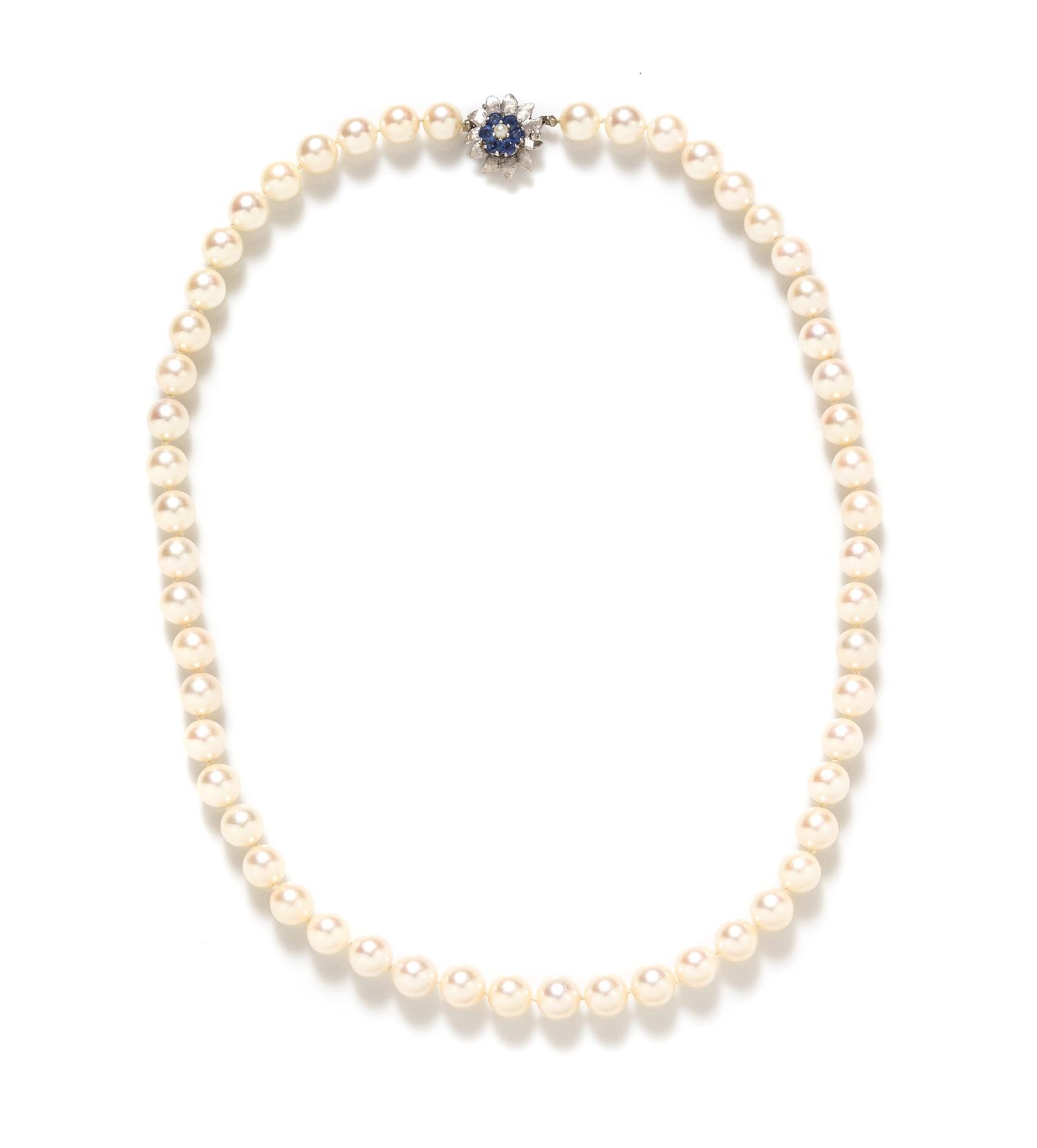 A 14 Karat White Gold, Sapphire and Cultured Pearl Necklace, 34.70 dwts.
