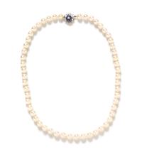 A 14 Karat White Gold, Sapphire and Cultured Pearl Necklace, 34.70 dwts.