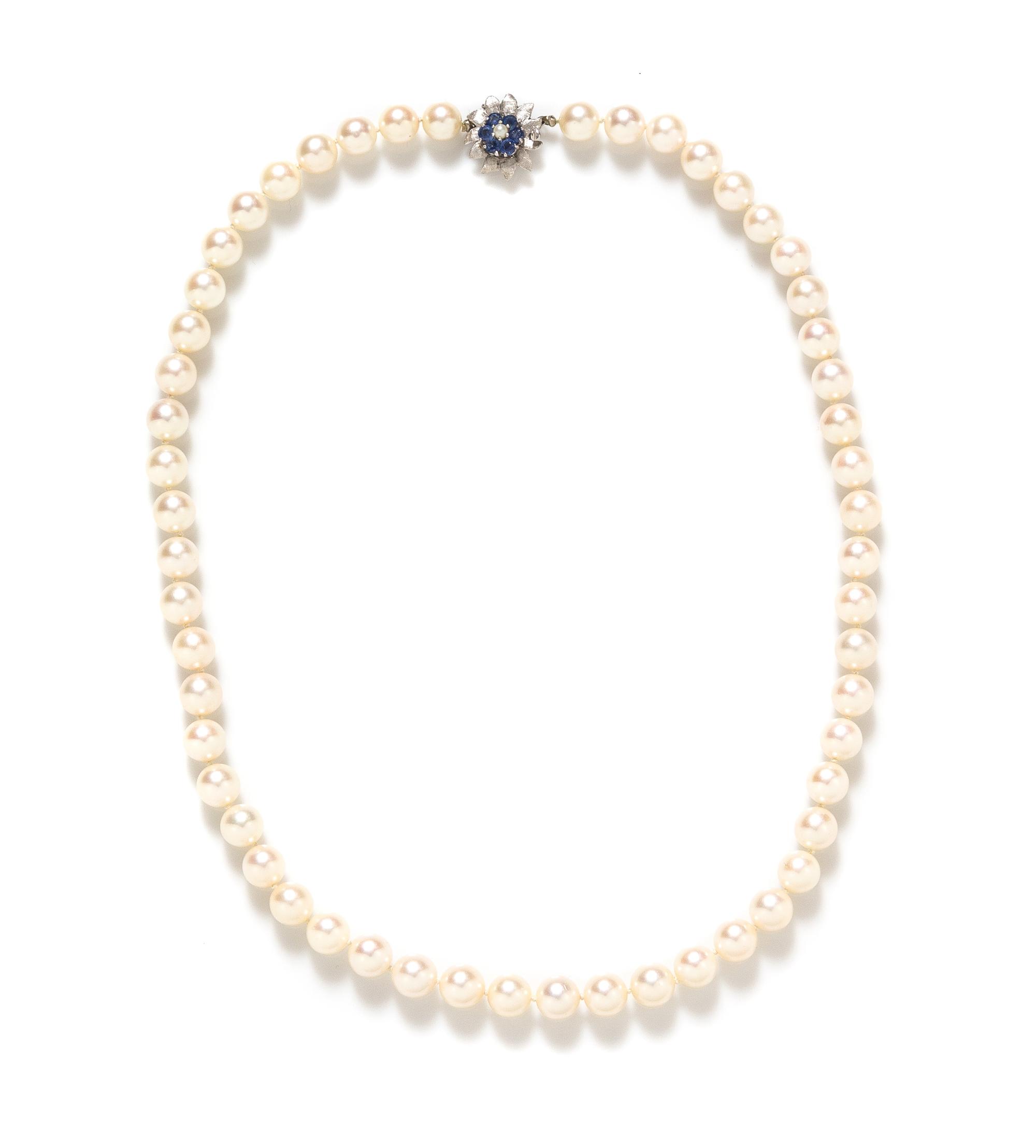 A 14 Karat White Gold, Sapphire and Cultured Pearl Necklace, 34.70 dwts.