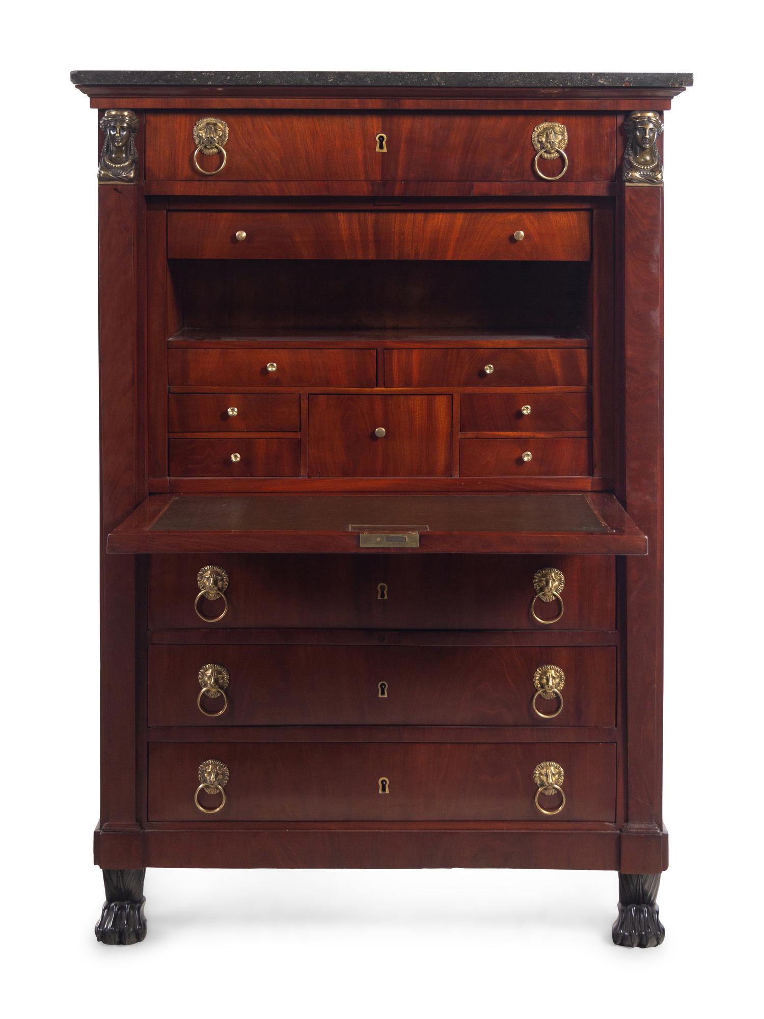 An Empire Style Bronze Mounted Mahogany Marble-Top Secrétaire à Abattant