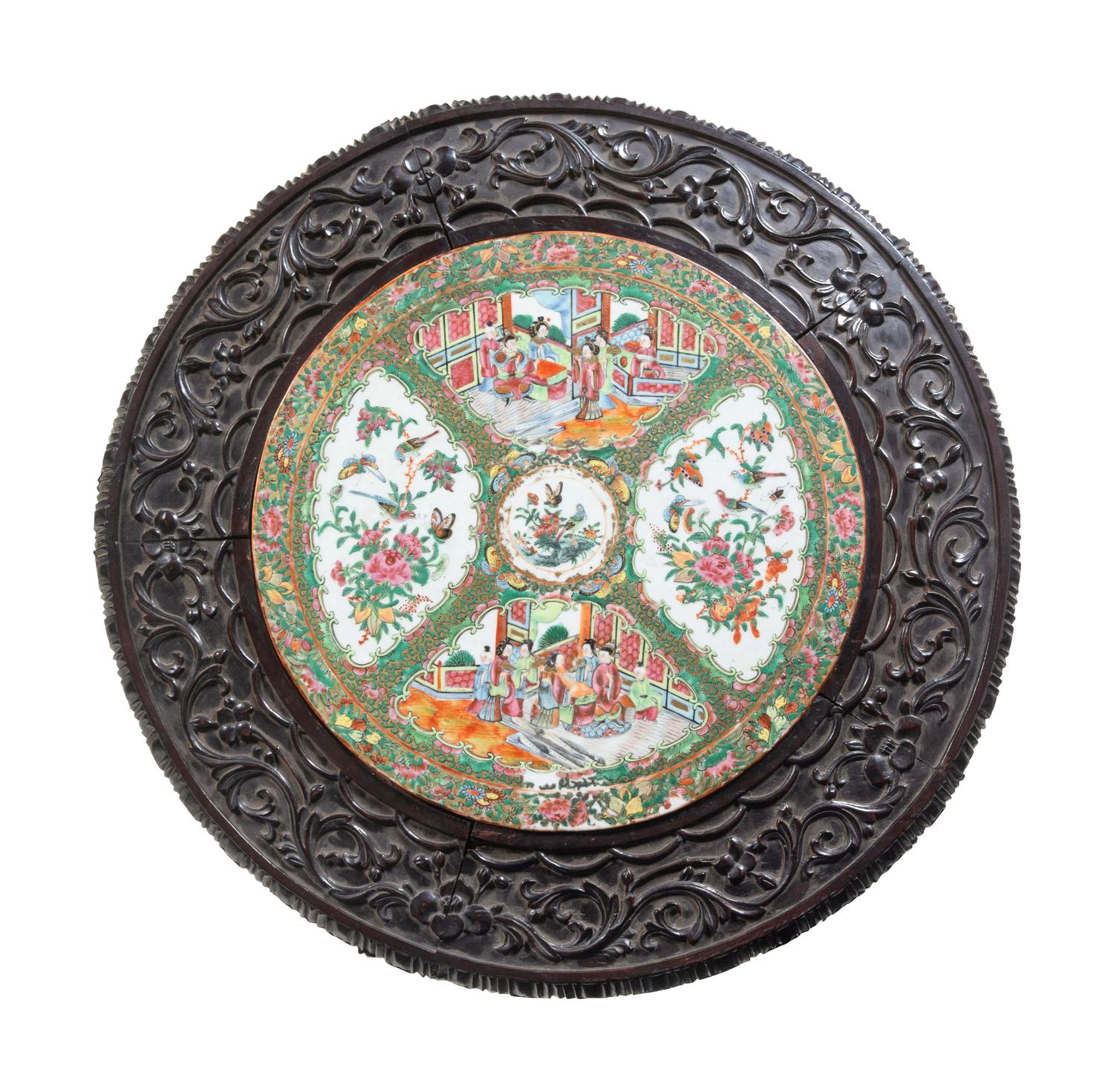 A Rose Medallion Porcelain Inset Rosewood Table