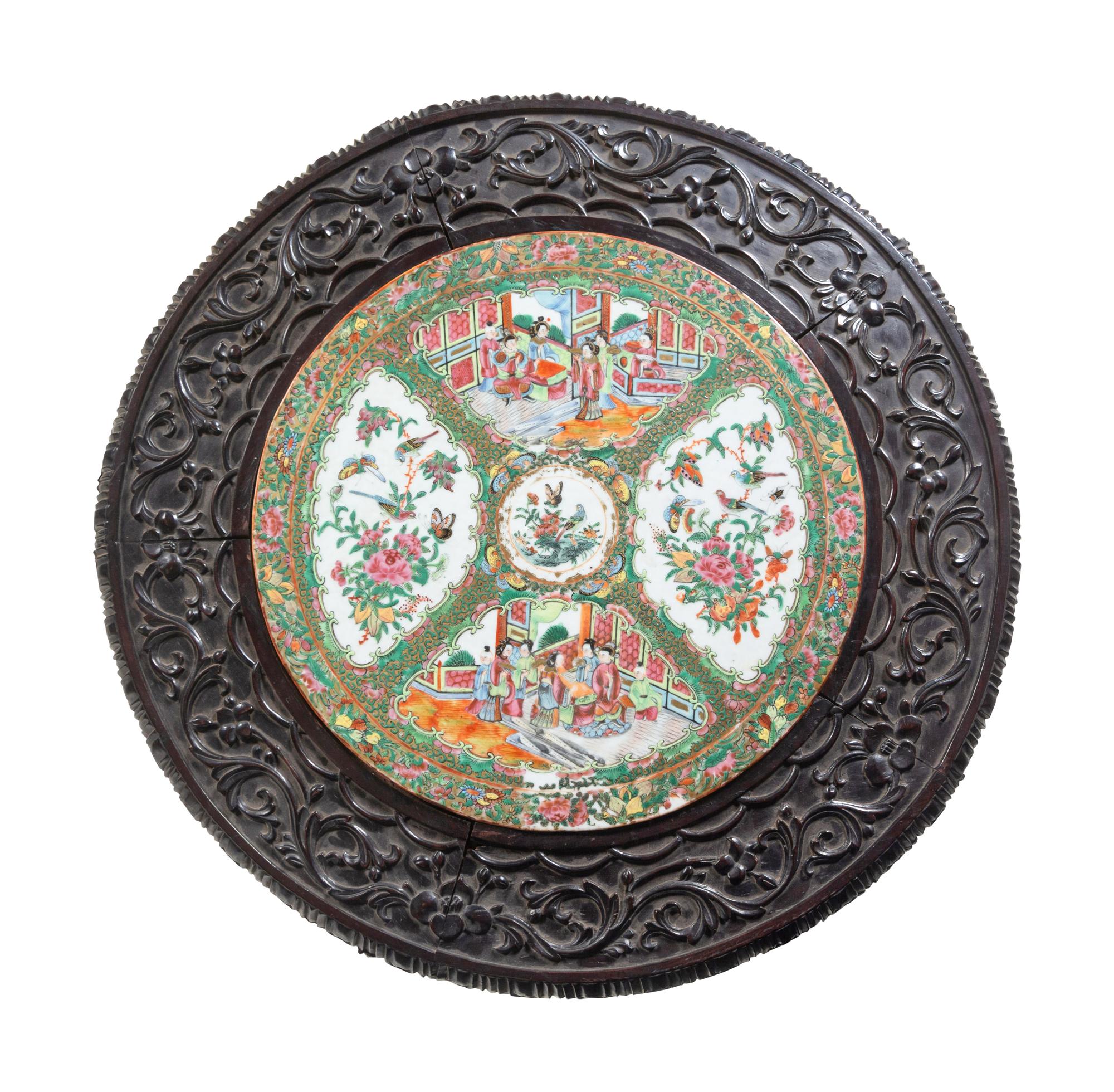 A Rose Medallion Porcelain Inset Rosewood Table