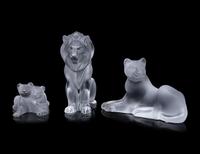 Three Lalique Lion Figurines