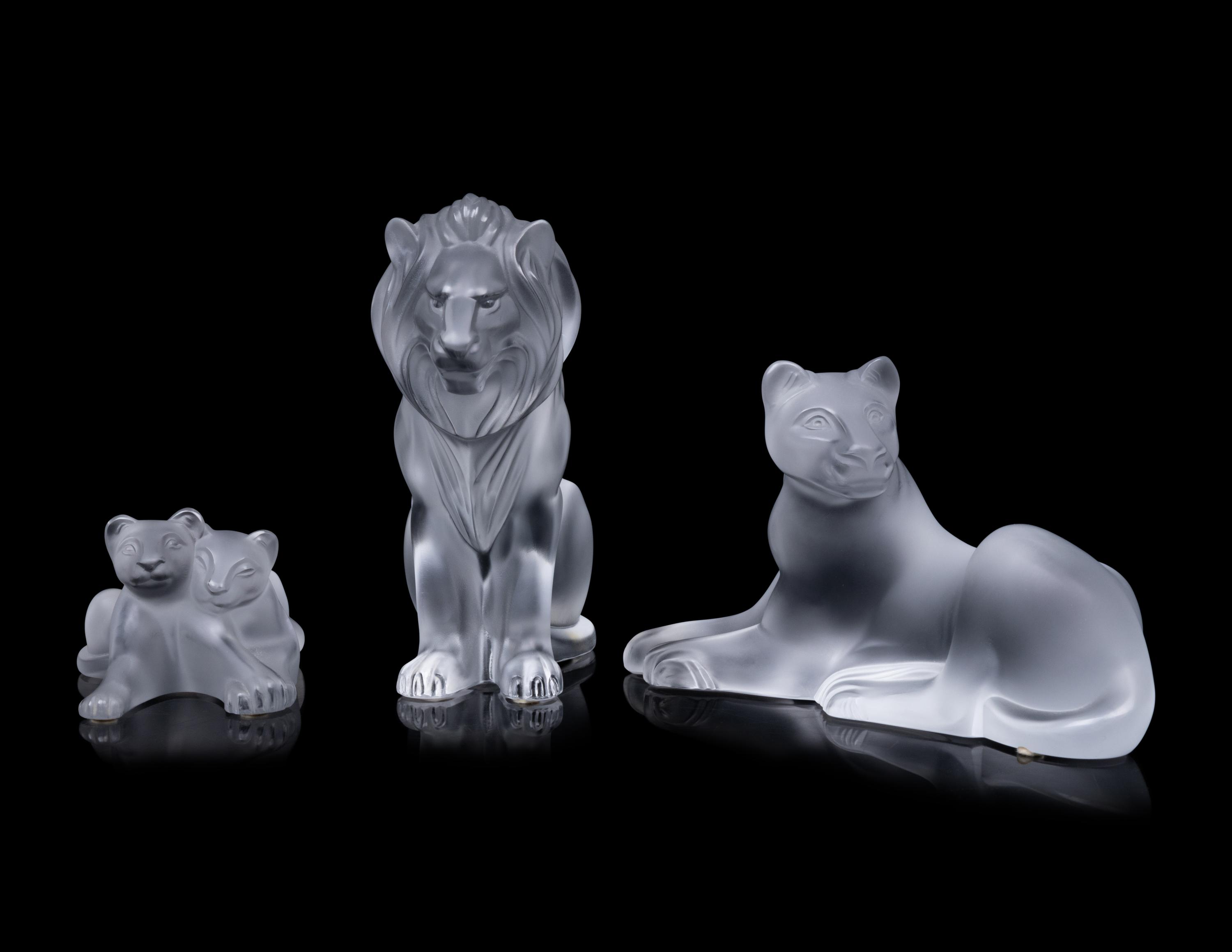 Three Lalique Lion Figurines