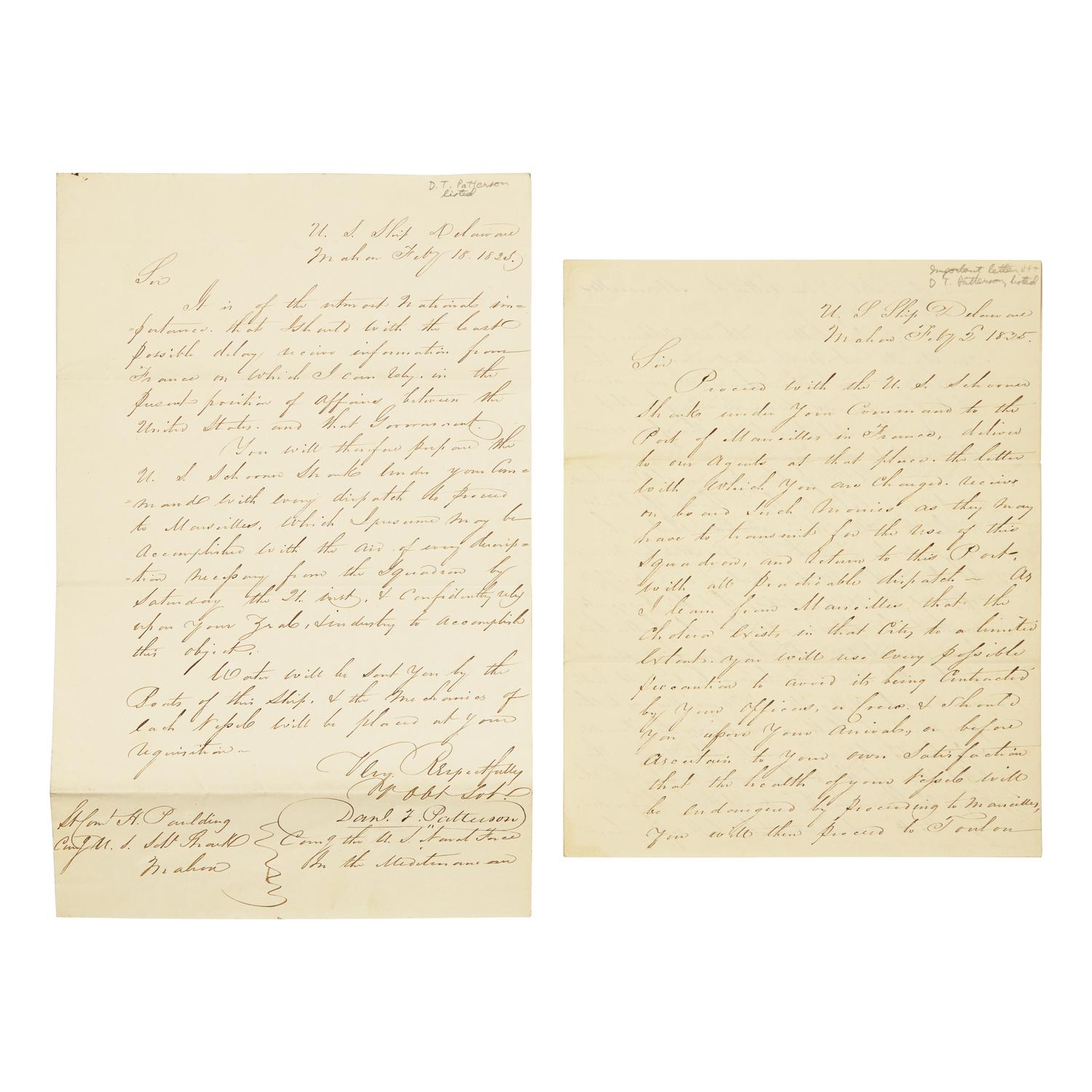 [Paulding, Hiram] Patterson, Daniel T. Pair of Letters, signed