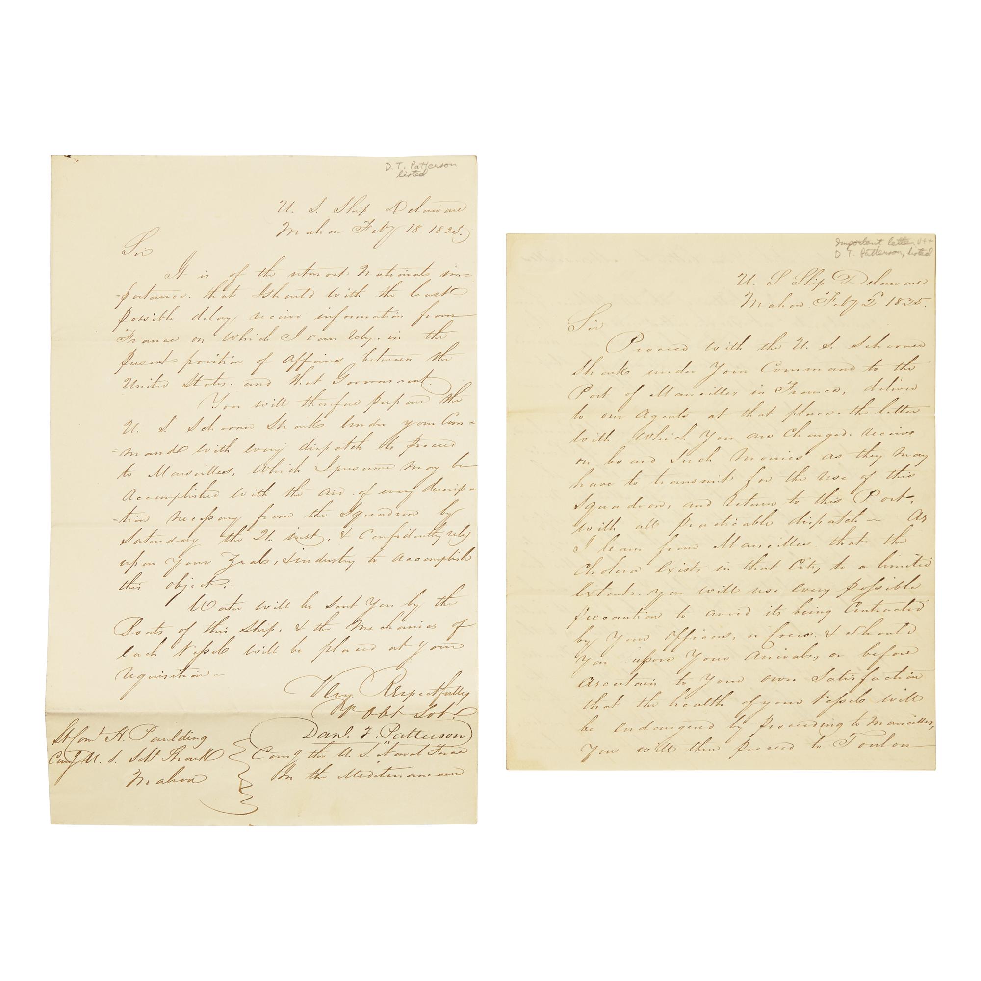 [Paulding, Hiram] Patterson, Daniel T. Pair of Letters, signed