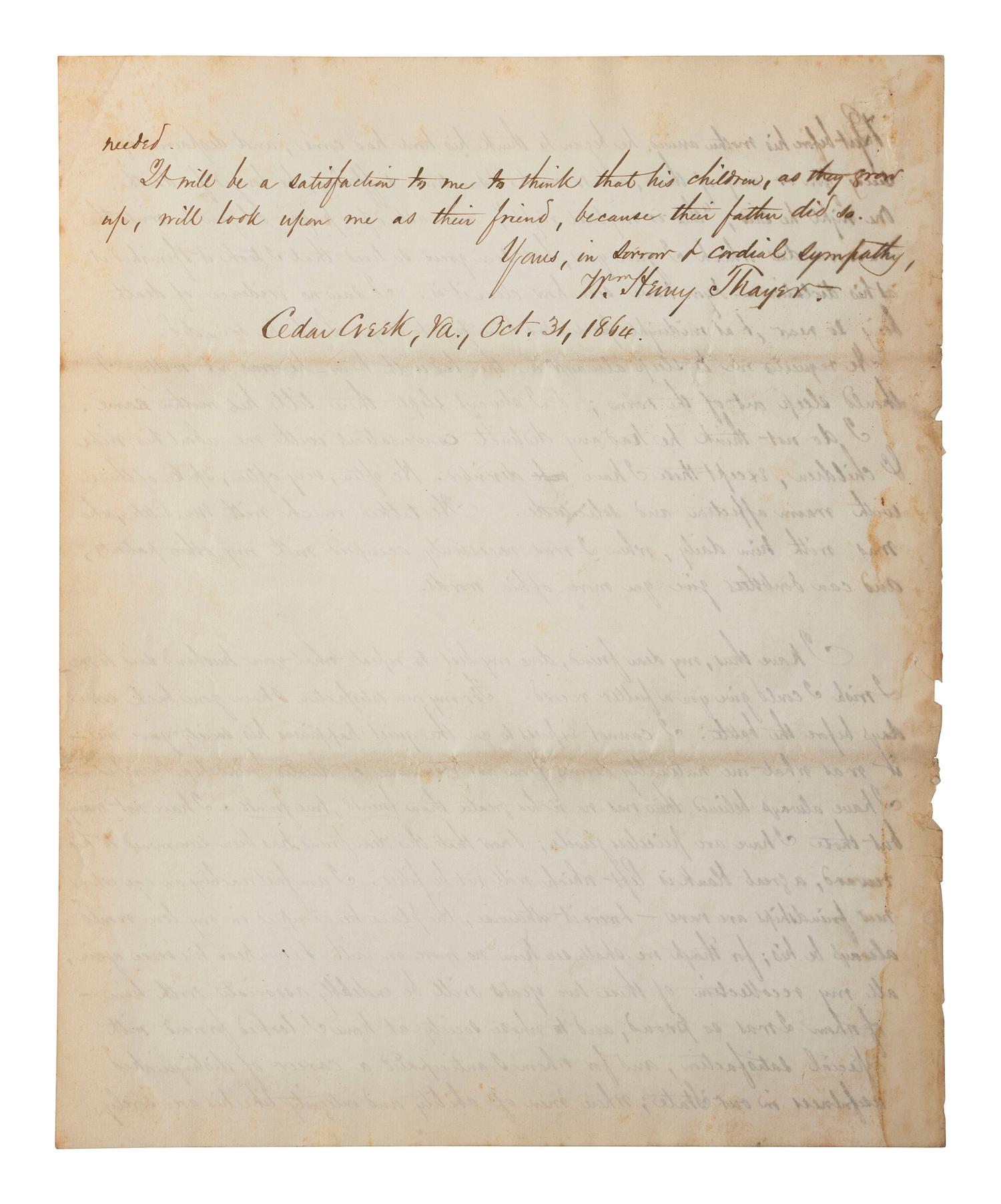 [CIVIL WAR]. THAYER, William Henry. Autograph letter signed ("Wm. Henry Thayer") as regimental surgeon, 14th New Hampshire Infantry, describing the wounding, treatment, and death of his fellow soldier Colonel Alexander Gardiner who was mortally injured at the Battle of Opequan. Winchester, VA, 9 October 1864.