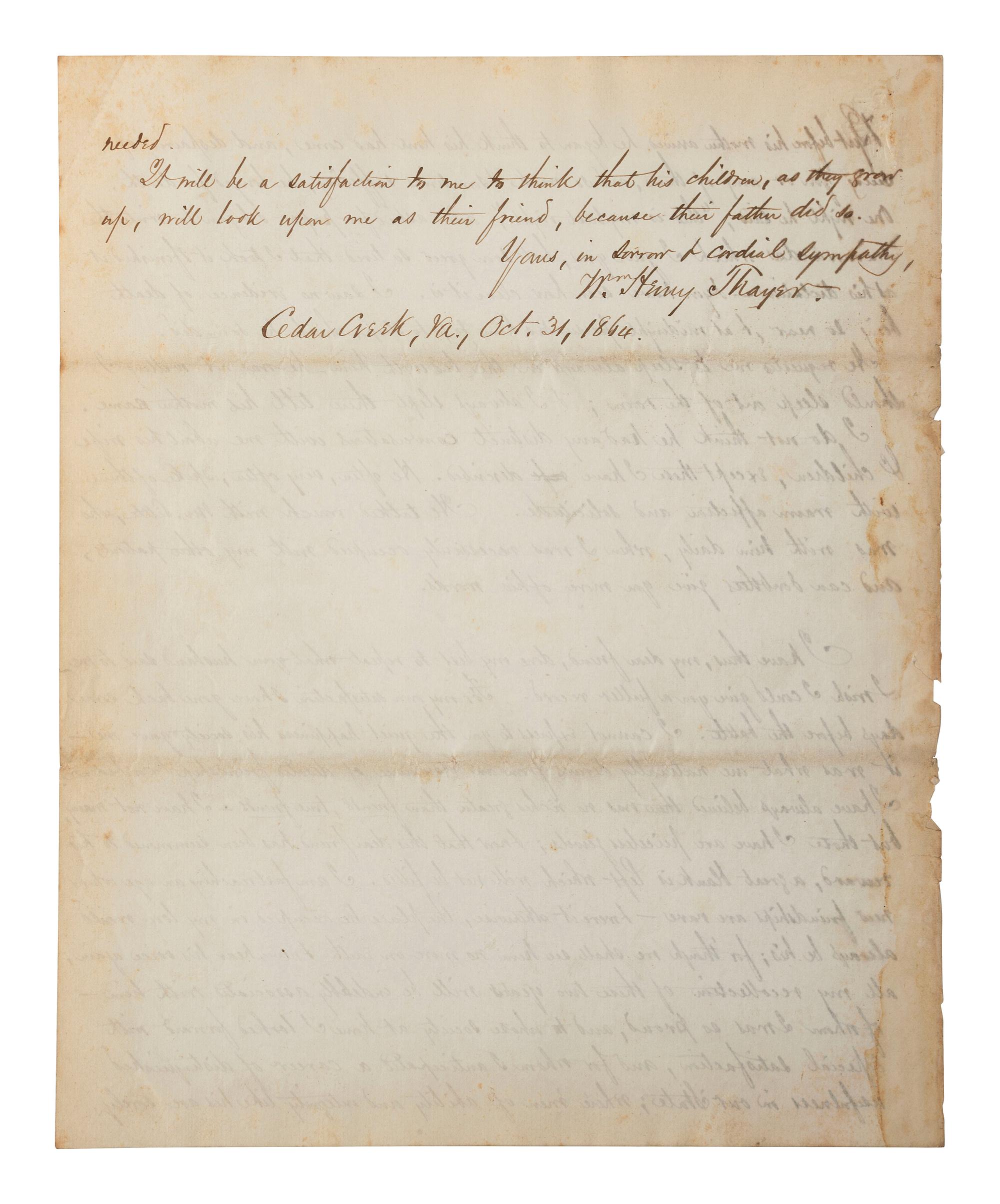 [CIVIL WAR]. THAYER, William Henry. Autograph letter signed ("Wm. Henry Thayer") as regimental surgeon, 14th New Hampshire Infantry, describing the wounding, treatment, and death of his fellow soldier Colonel Alexander Gardiner who was mortally injured at the Battle of Opequan. Winchester, VA, 9 October 1864.