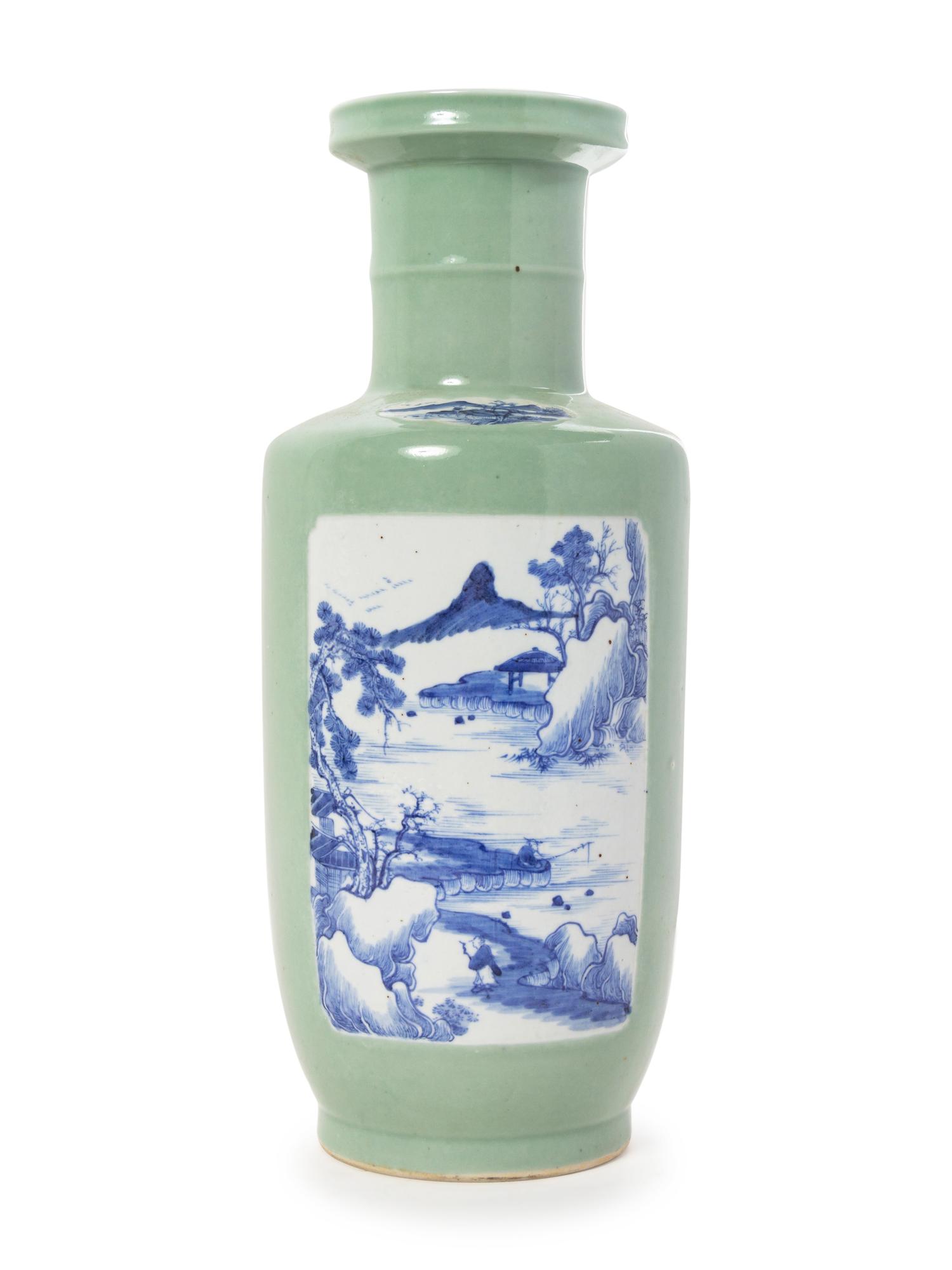 A Chinese Celadon Ground Blue and White Porcelain Rouleau Vase