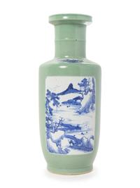 A Chinese Celadon Ground Blue and White Porcelain Rouleau Vase