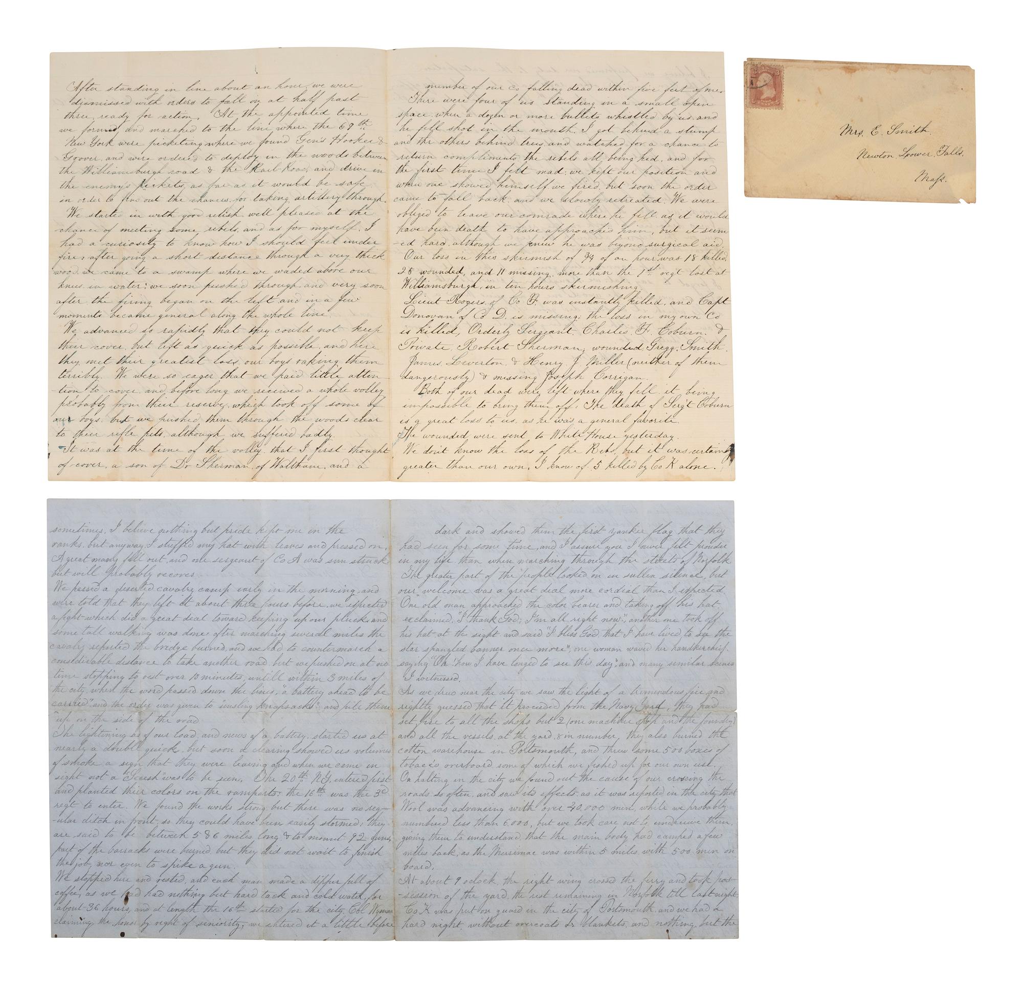 [CIVIL WAR]. 5 letters written by Corporal Asa D. Smith, 16th Mass. Infantry, WIA at the Battle of Glendale. April-July 1862. Featuring content from the Peninsula Campaign and Smith's recovery from a shocking facial wound.