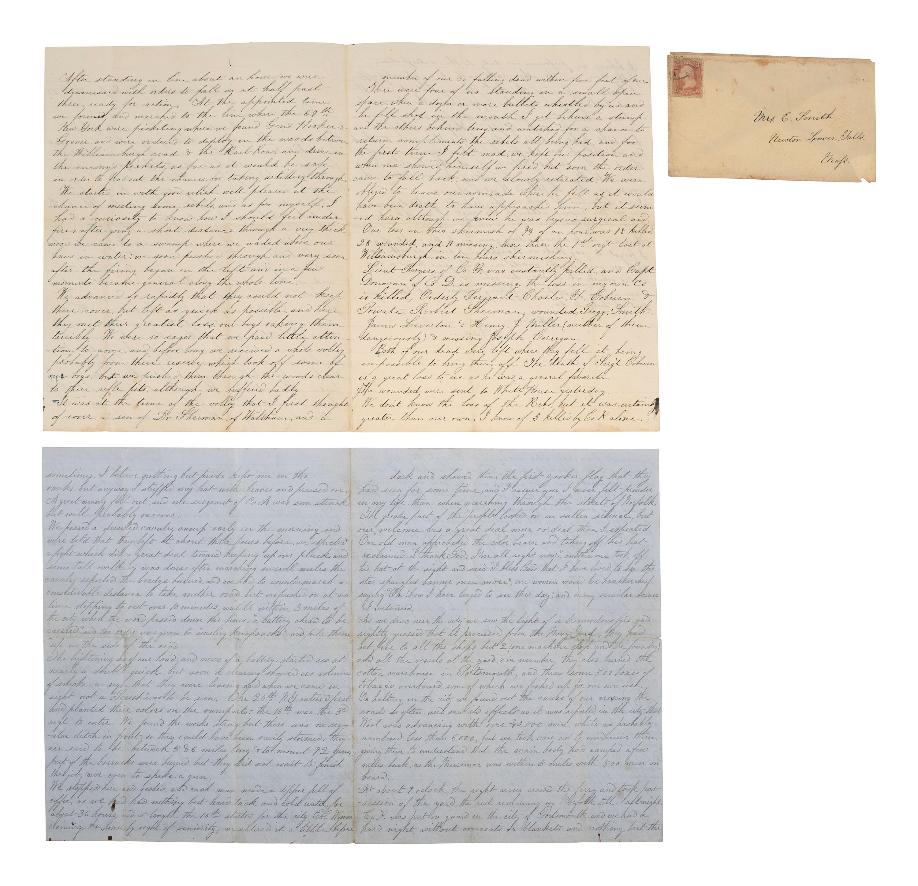 [CIVIL WAR]. 5 letters written by Corporal Asa D. Smith, 16th Mass. Infantry, WIA at the Battle of Glendale. April-July 1862. Featuring content from the Peninsula Campaign and Smith's recovery from a shocking facial wound.