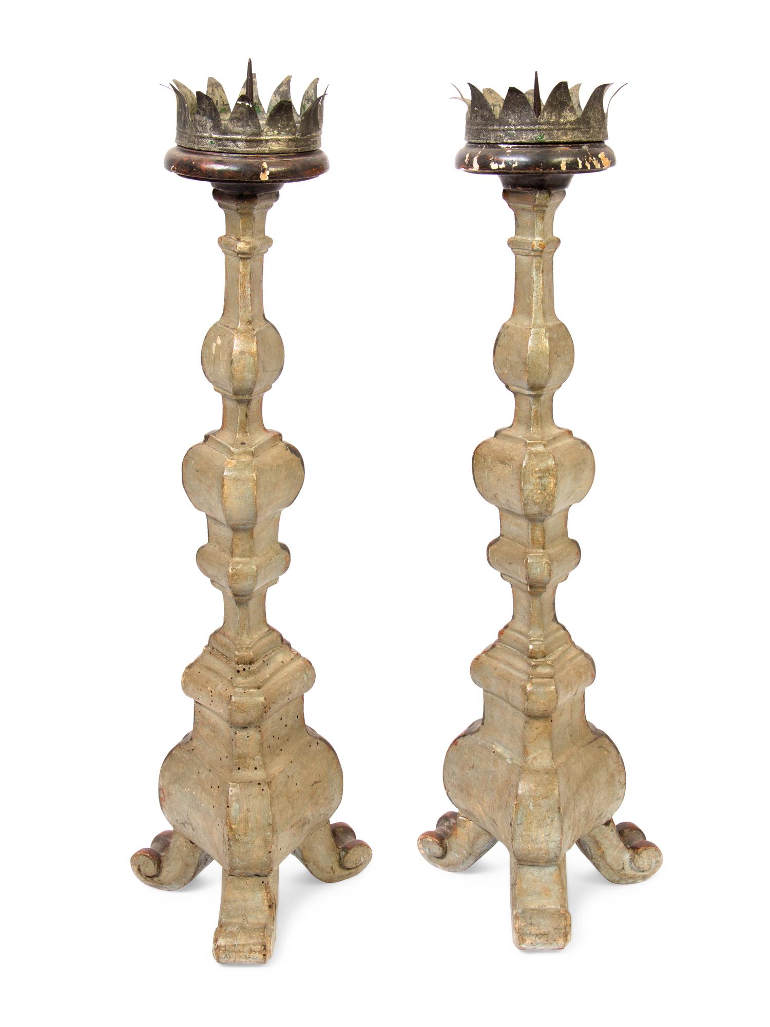 A Pair of French Carved and Painted Candlesticks