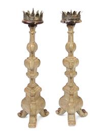 A Pair of French Carved and Painted Candlesticks