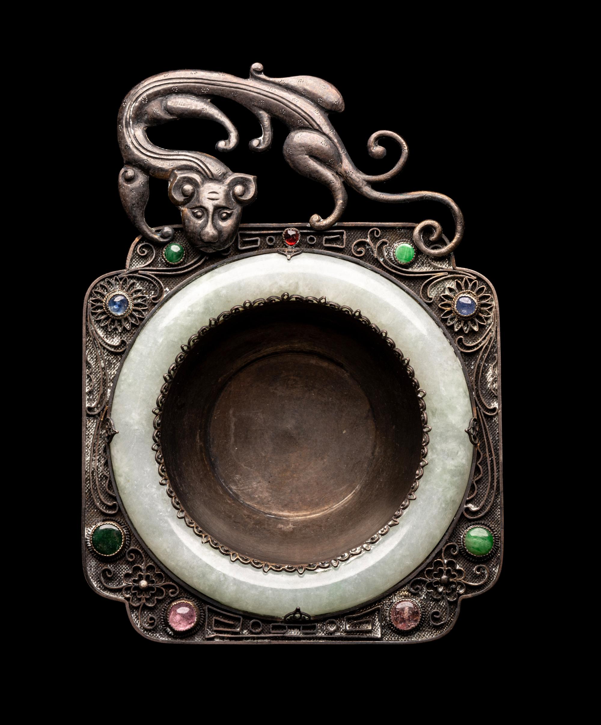 A Chinese Jadeite Inset Silver Mounted Brush Washer