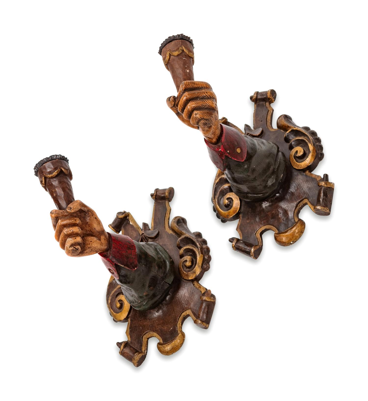 A Pair of Spanish Polychromed Hand-Form Sconces — 20TH/21ST CENTURY