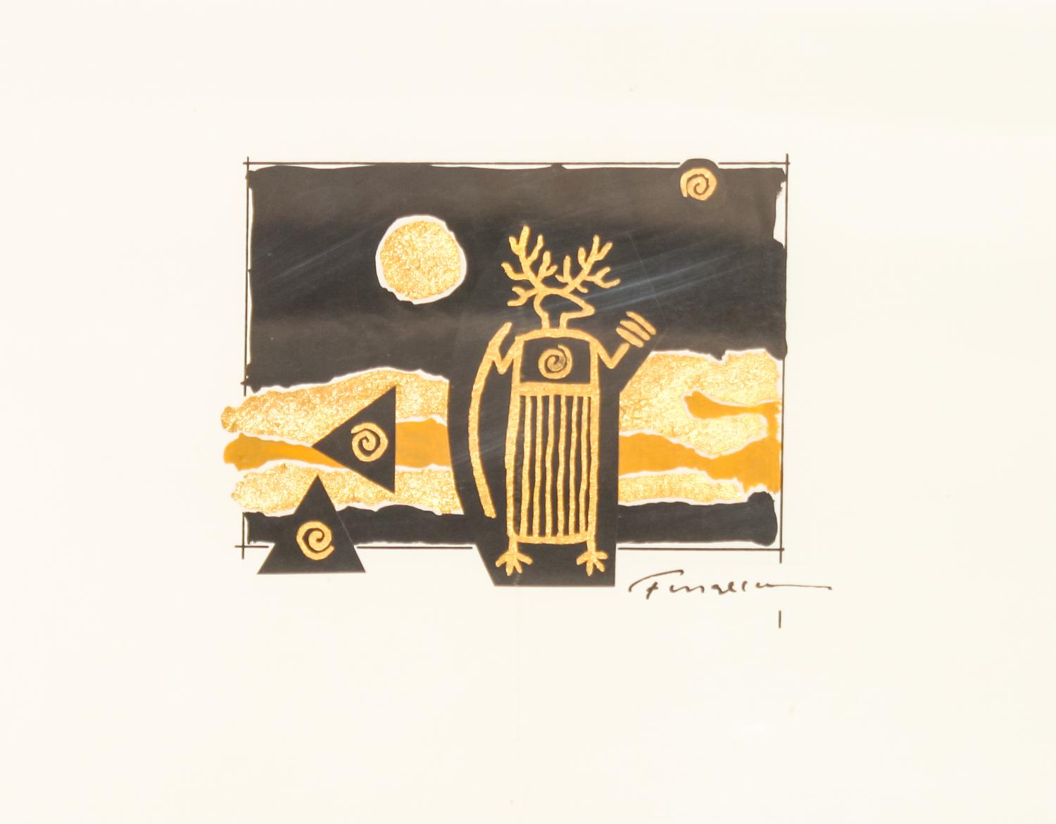 Harry Fonseca, (American, 1946-2006), three works: Discovery of Gold I Cross of Gold Discovery of Gold II